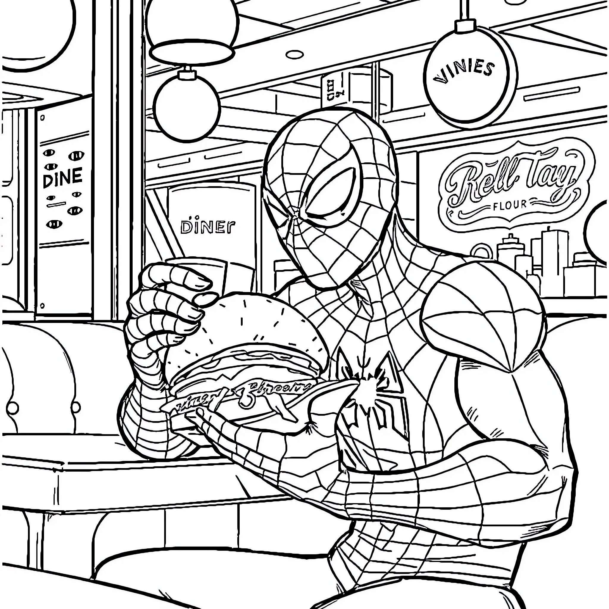 Spider-Man enjoying a tasty burger at the Diner Coloring Page (free black-and-white line drawing printable PDF for all, from beginners to advanced learners, including children, teens, adults, and seniors)