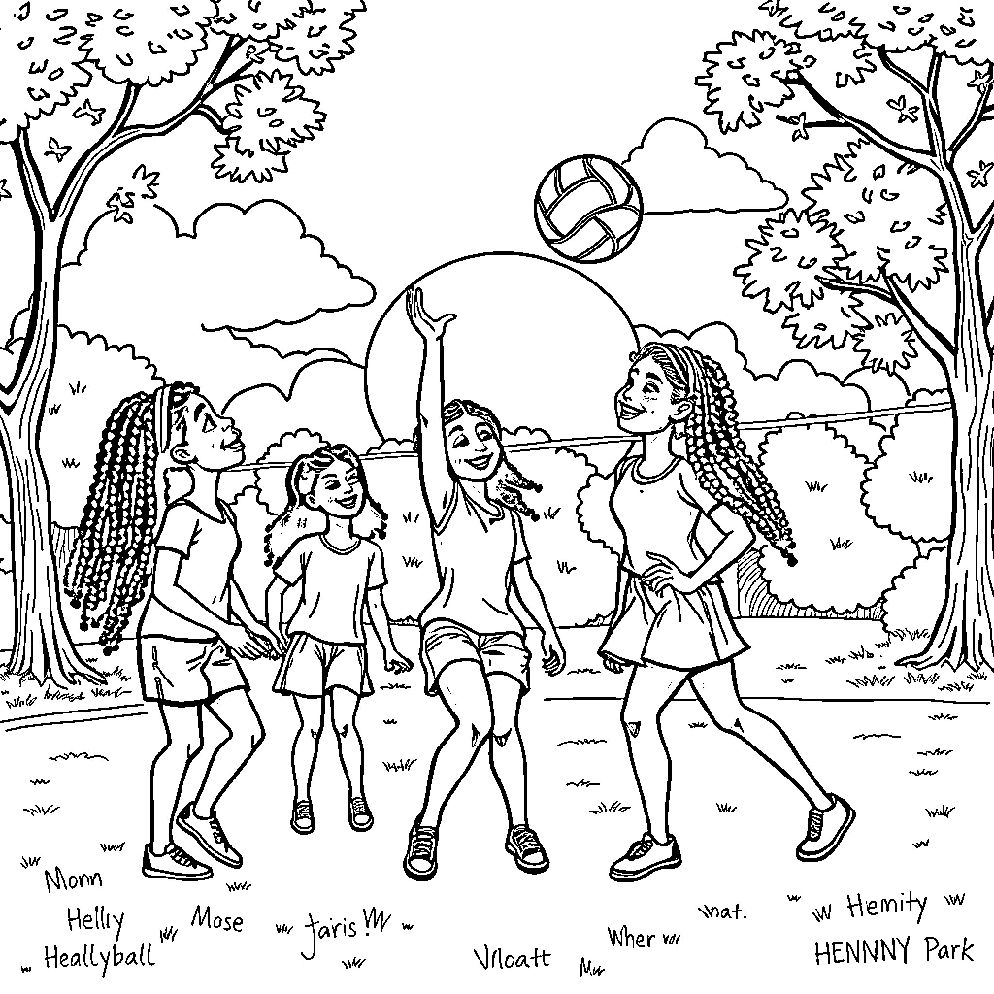 Girls playing volleyball in the park Coloring Page (free black-and-white line drawing printable PDF for all, from beginners to advanced learners, including children, teens, adults, and seniors)