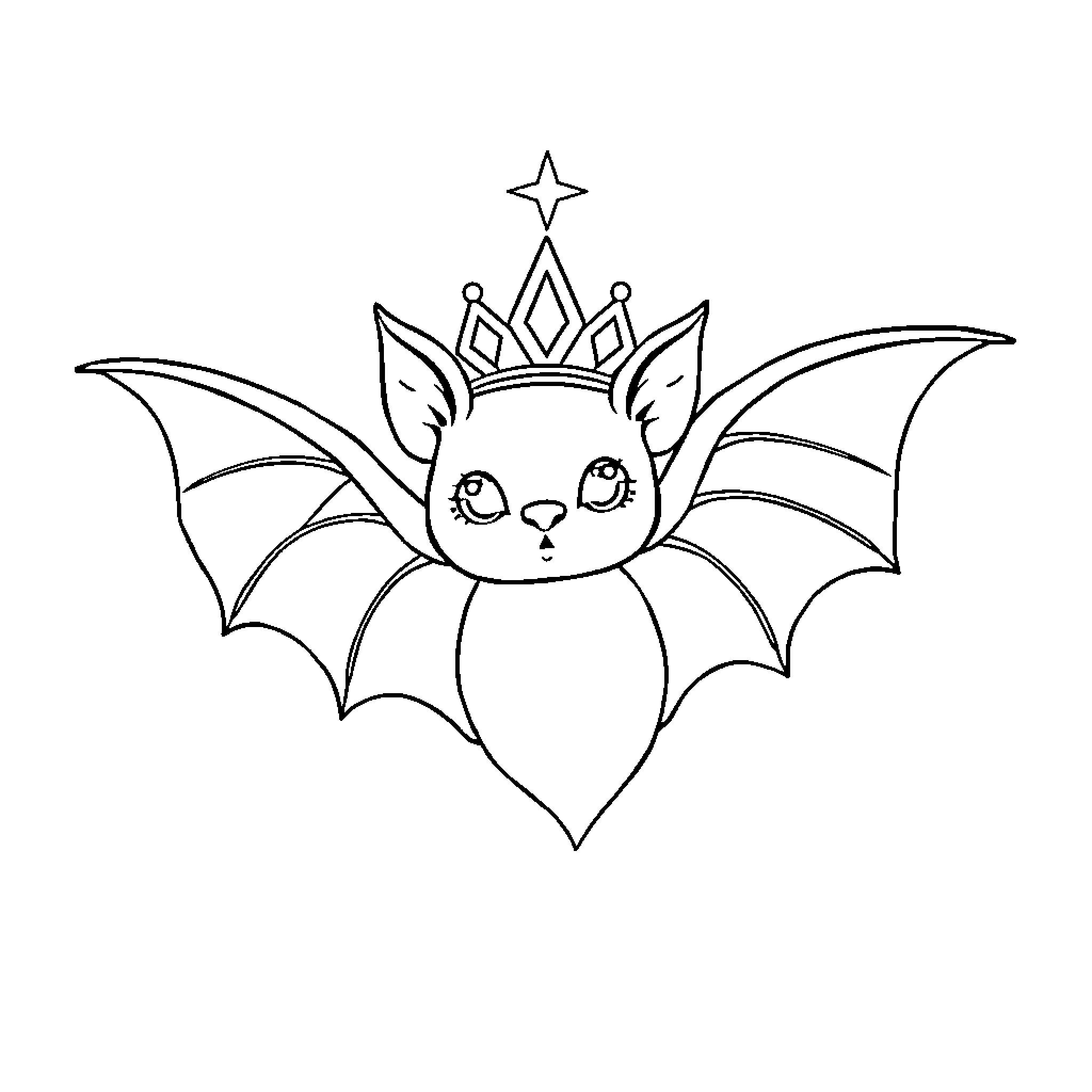 Princess Bat with Crowned Headpiece and Winged Appearance Coloring Page (free black-and-white line drawing printable PDF for all, from beginners to advanced learners, including children, teens, adults, and seniors)
