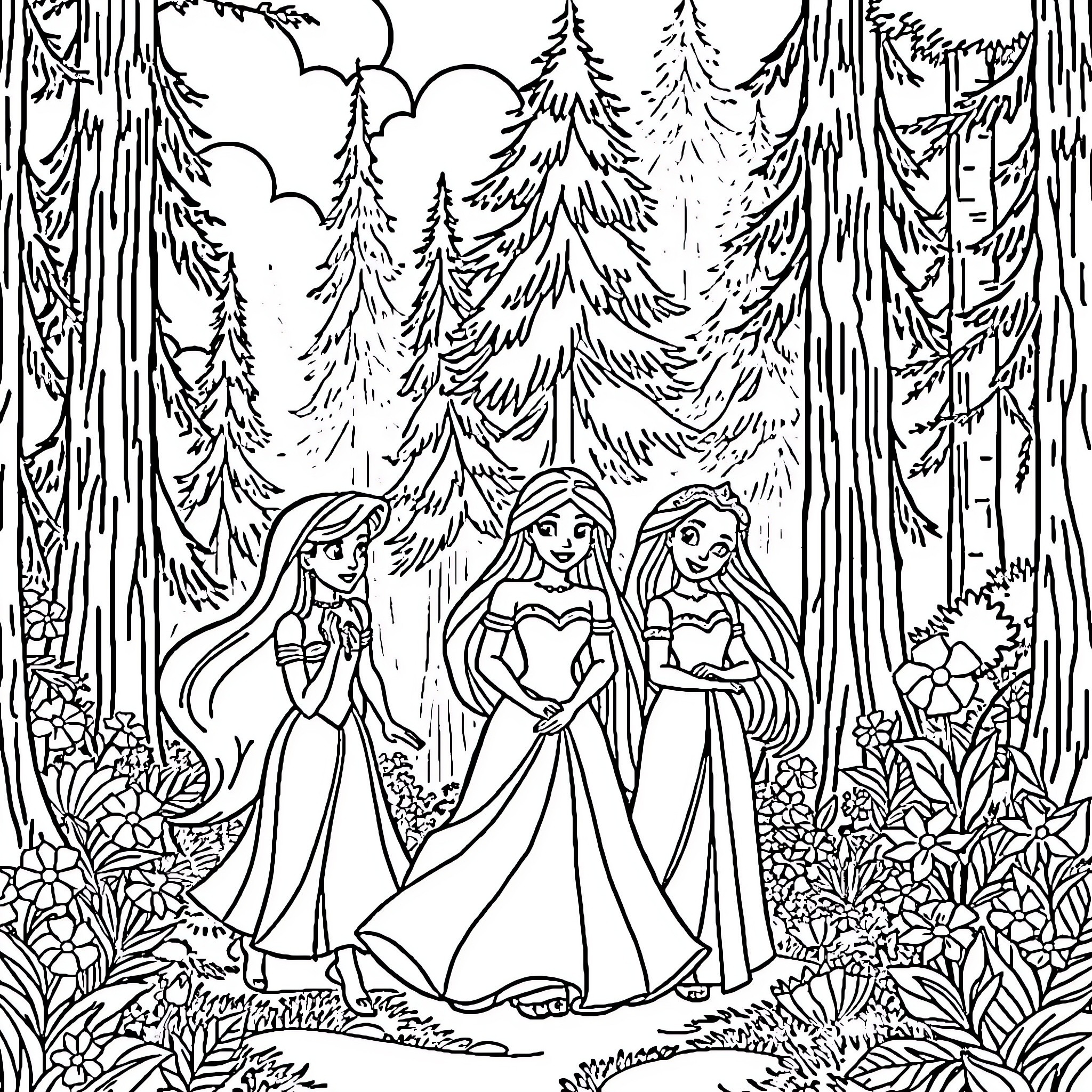 Princess Trio in Enchanted Forest Coloring Page (free black-and-white line drawing printable PDF for all, from beginners to advanced learners, including children, teens, adults, and seniors)