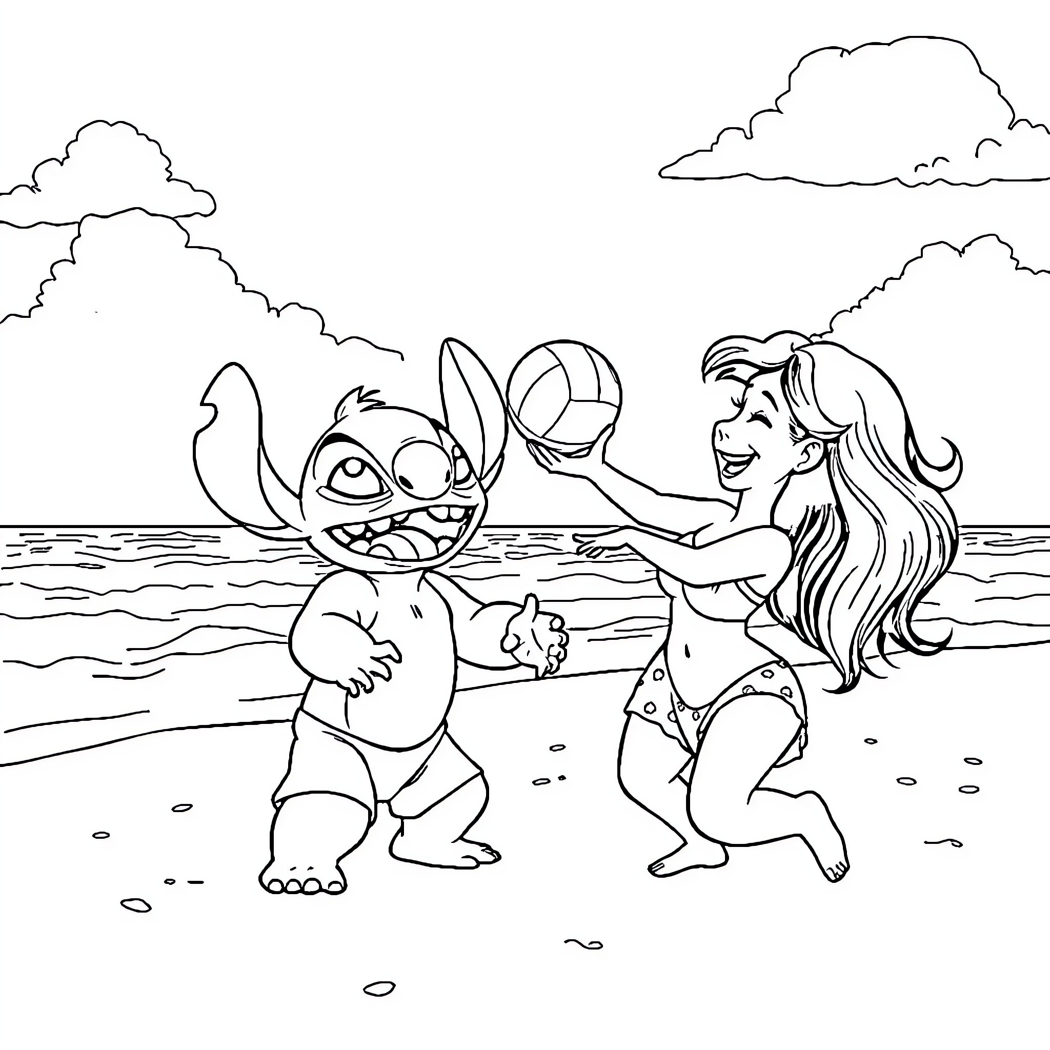 Lilo And Stitch Playing on the Beach Coloring Page (free black-and-white line drawing printable PDF for all, from beginners to advanced learners, including children, teens, adults, and seniors)