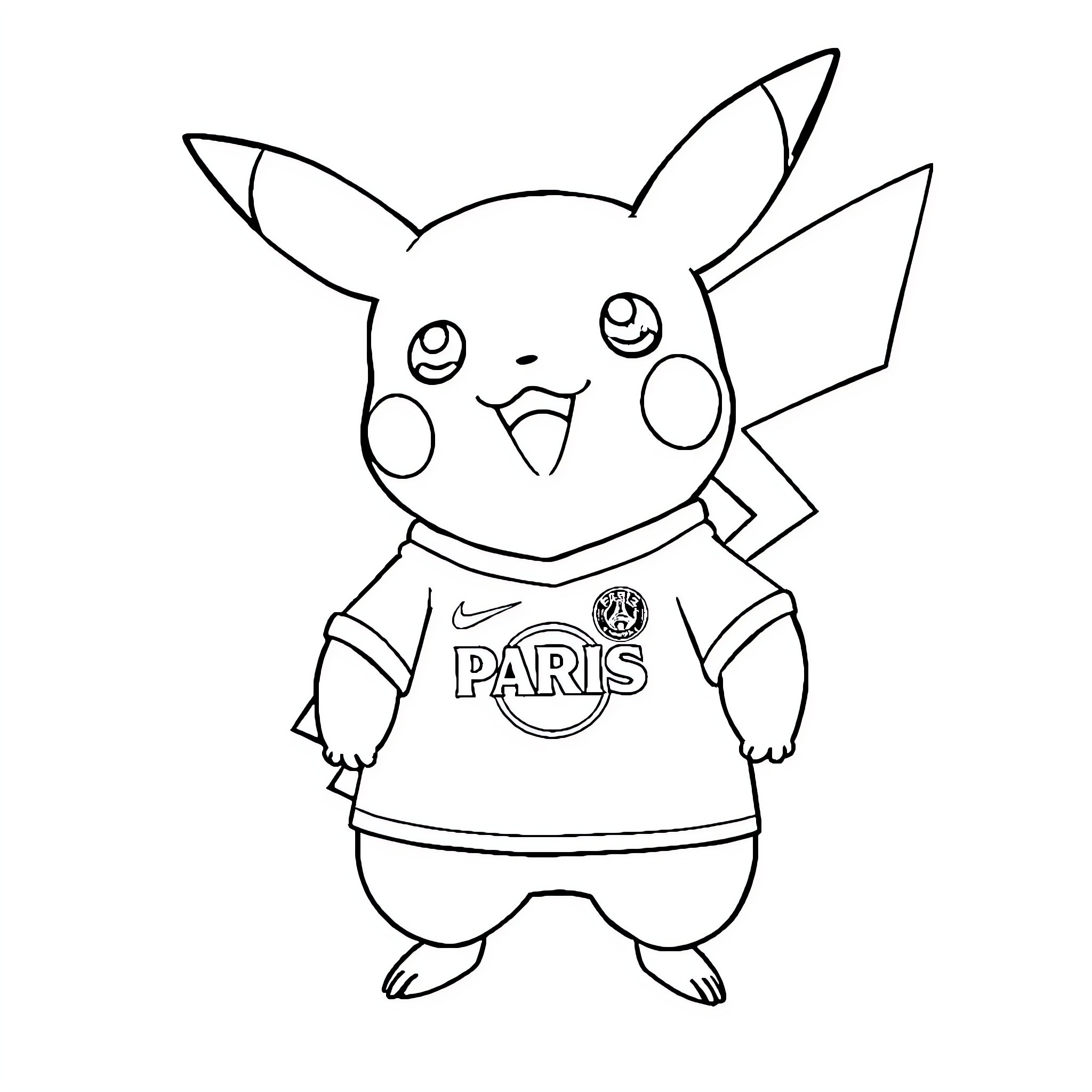 Pikachu wearing a Paris jersey with a happy expression Coloring Page (free black-and-white line drawing printable PDF for all, from beginners to advanced learners, including children, teens, adults, and seniors)