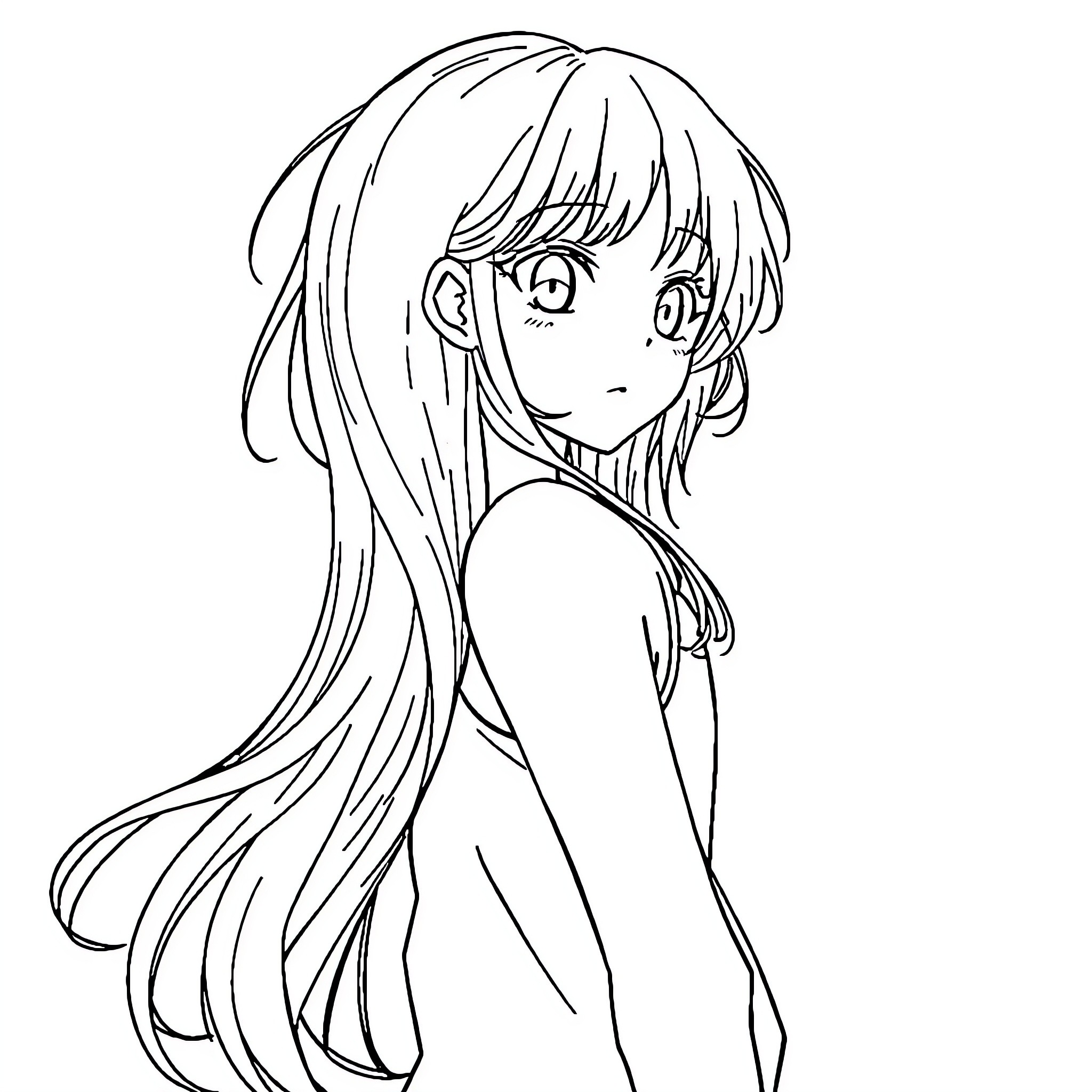 Anime Girl with flowing hair and expressive eyes Coloring Page (free black-and-white line drawing printable PDF for all, from beginners to advanced learners, including children, teens, adults, and seniors)
