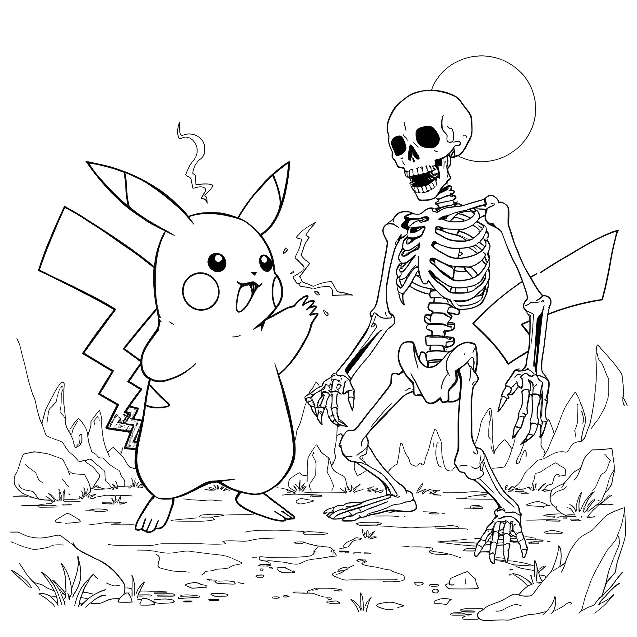 Pikachu confronting a skeleton in the wilderness Coloring Page (free black-and-white line drawing printable PDF for all, from beginners to advanced learners, including children, teens, adults, and seniors)