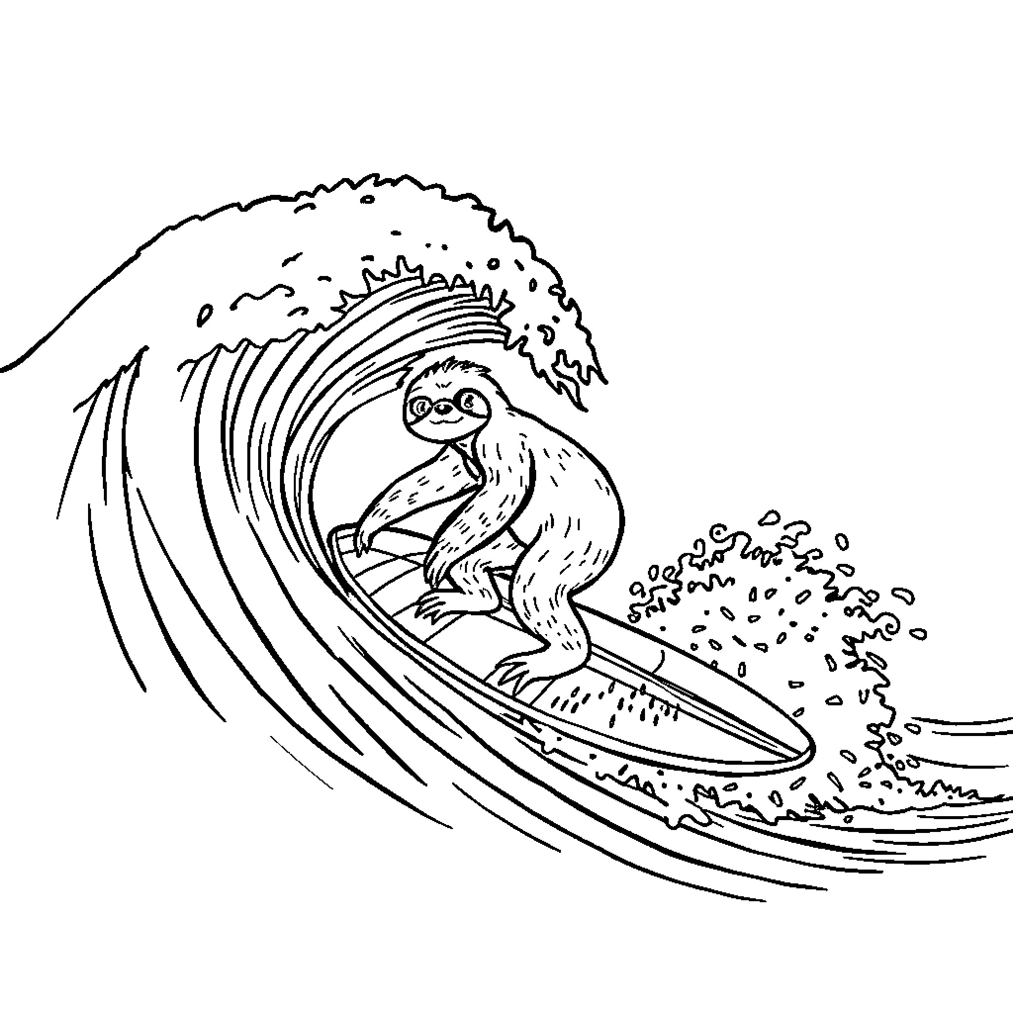 Sloth surfing the waves with gusto Coloring Page (free black-and-white line drawing printable PDF for all, from beginners to advanced learners, including children, teens, adults, and seniors)