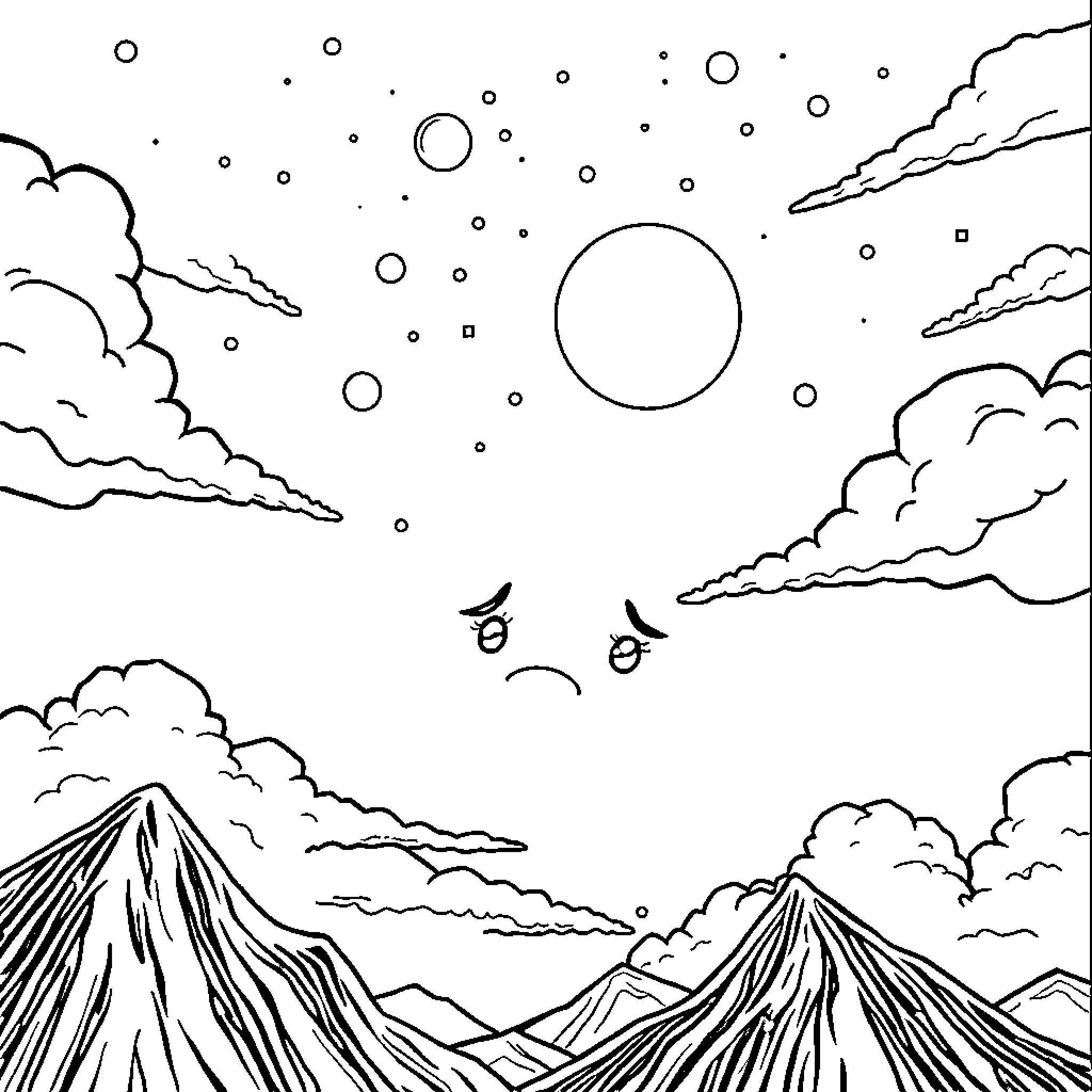 Ozone: Serene Mountain Landscape Coloring Page (free black-and-white line drawing printable PDF for all, from beginners to advanced learners, including children, teens, adults, and seniors)