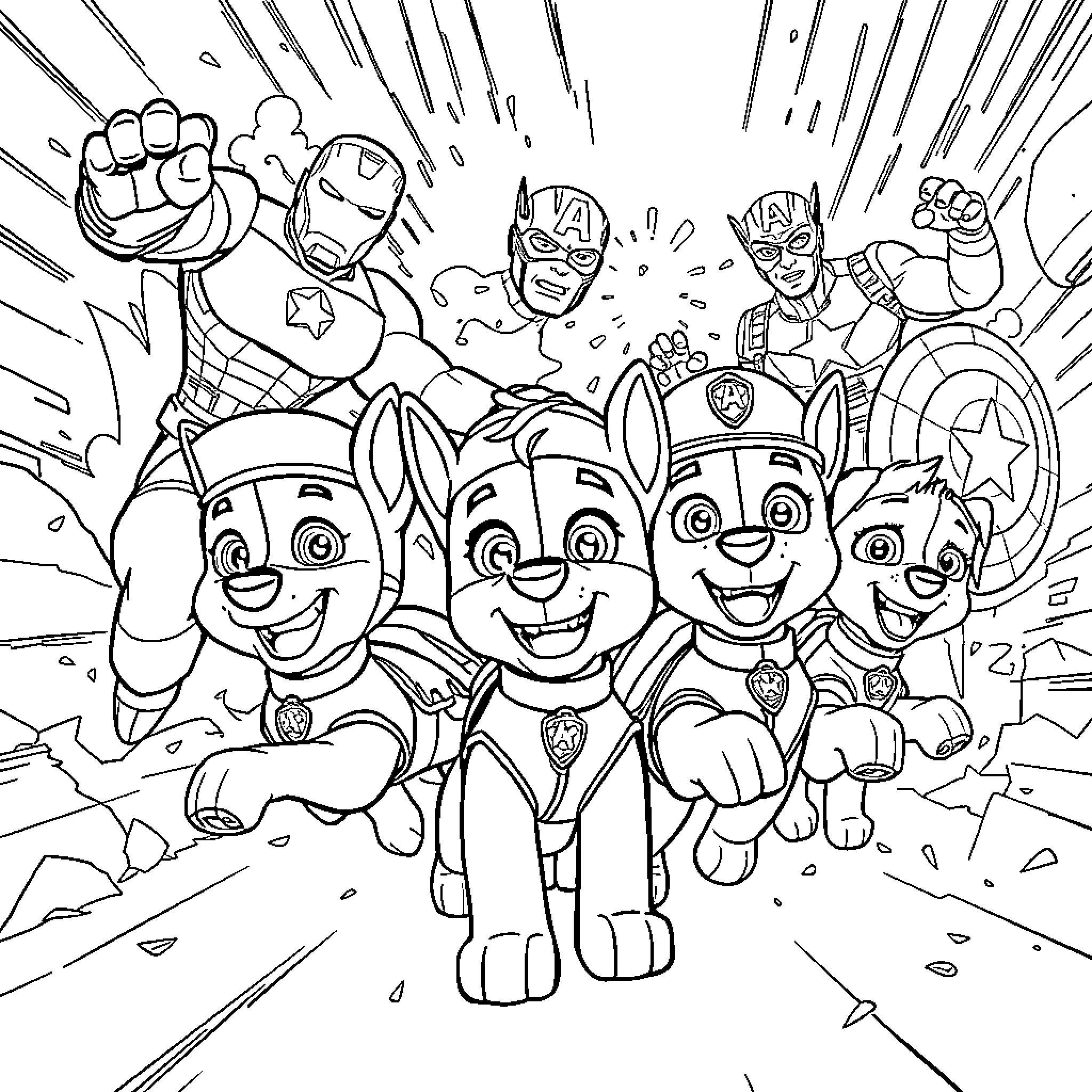 Paw Patrol heroes in action-packed adventure Coloring Page (free black-and-white line drawing printable PDF for all, from beginners to advanced learners, including children, teens, adults, and seniors)