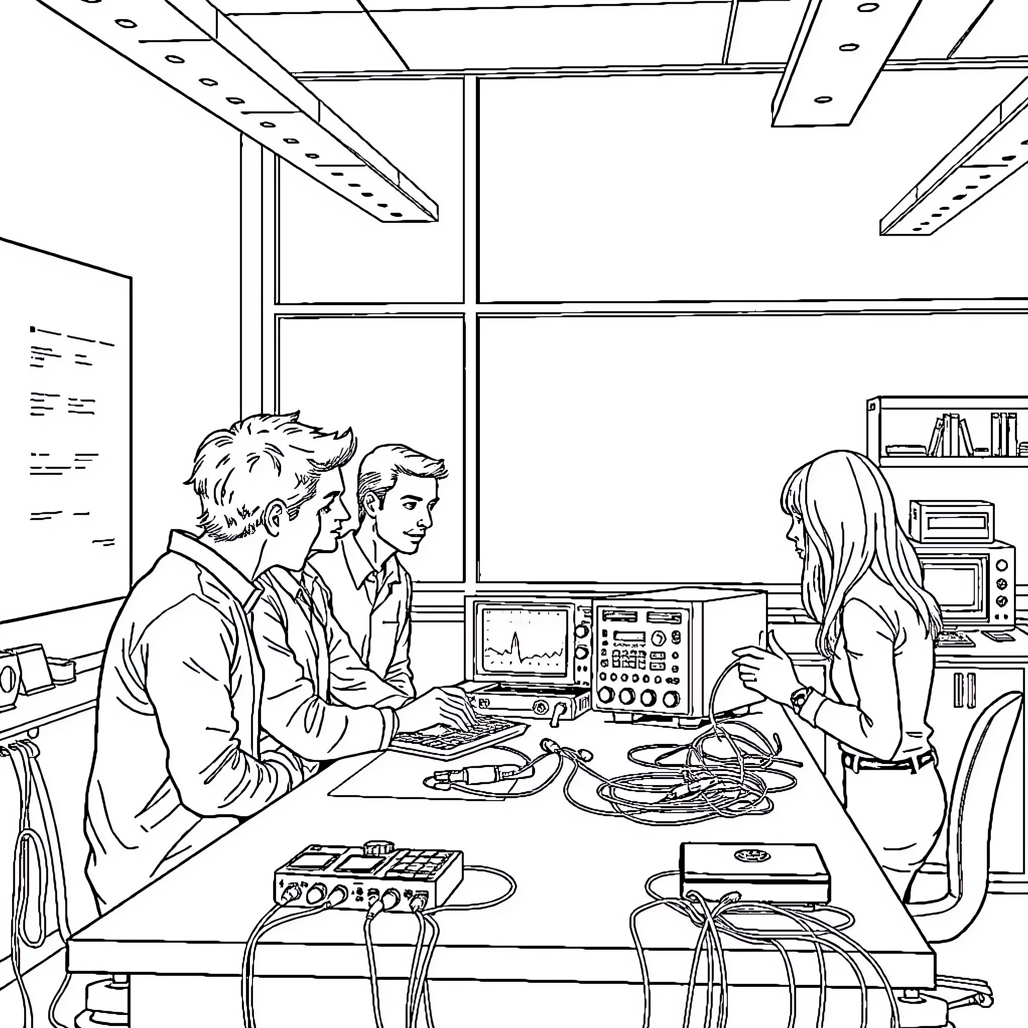 Teacher observing students working on electronics project Coloring Page (free black-and-white line drawing printable PDF for all, from beginners to advanced learners, including children, teens, adults, and seniors)