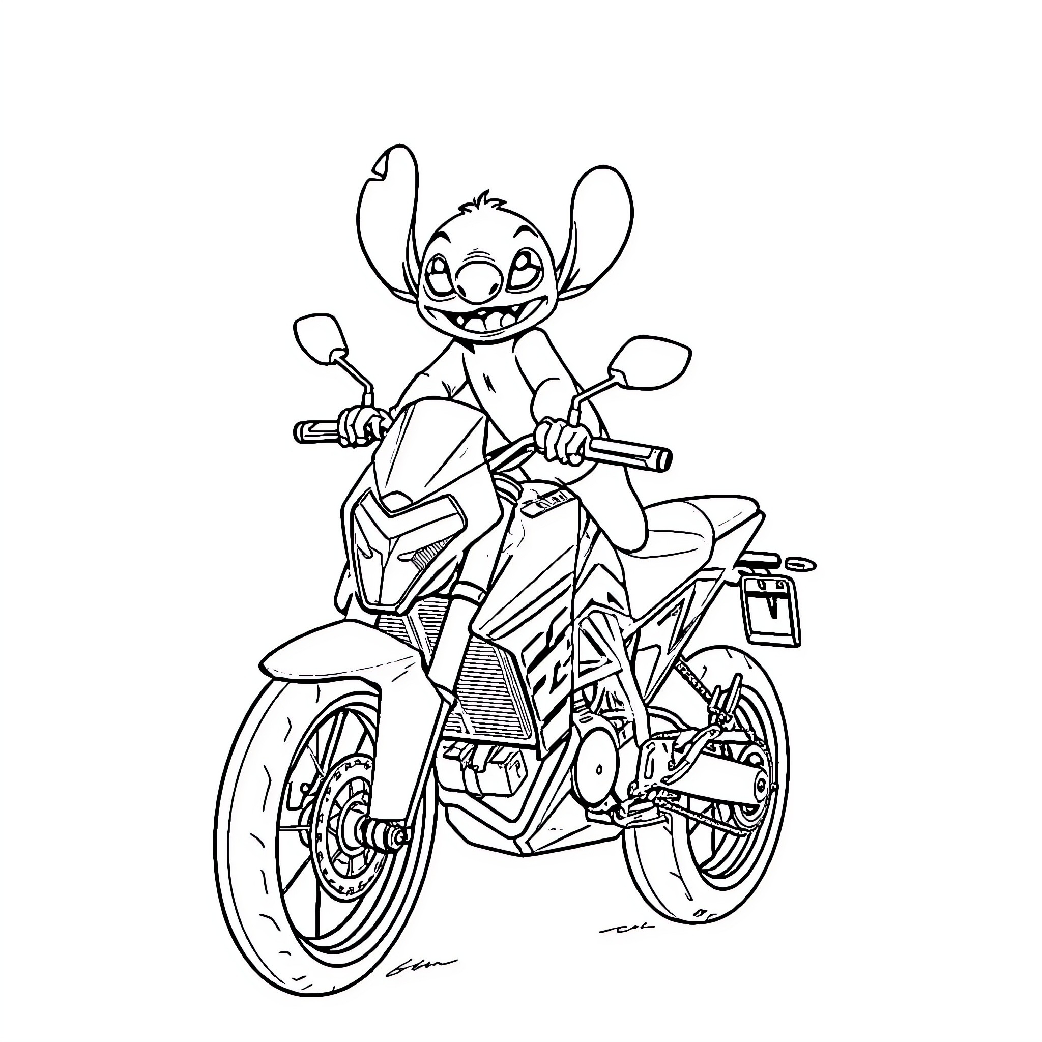 Moto Character Riding a Motorcycle with Zeal Coloring Page (free black-and-white line drawing printable PDF for all, from beginners to advanced learners, including children, teens, adults, and seniors)