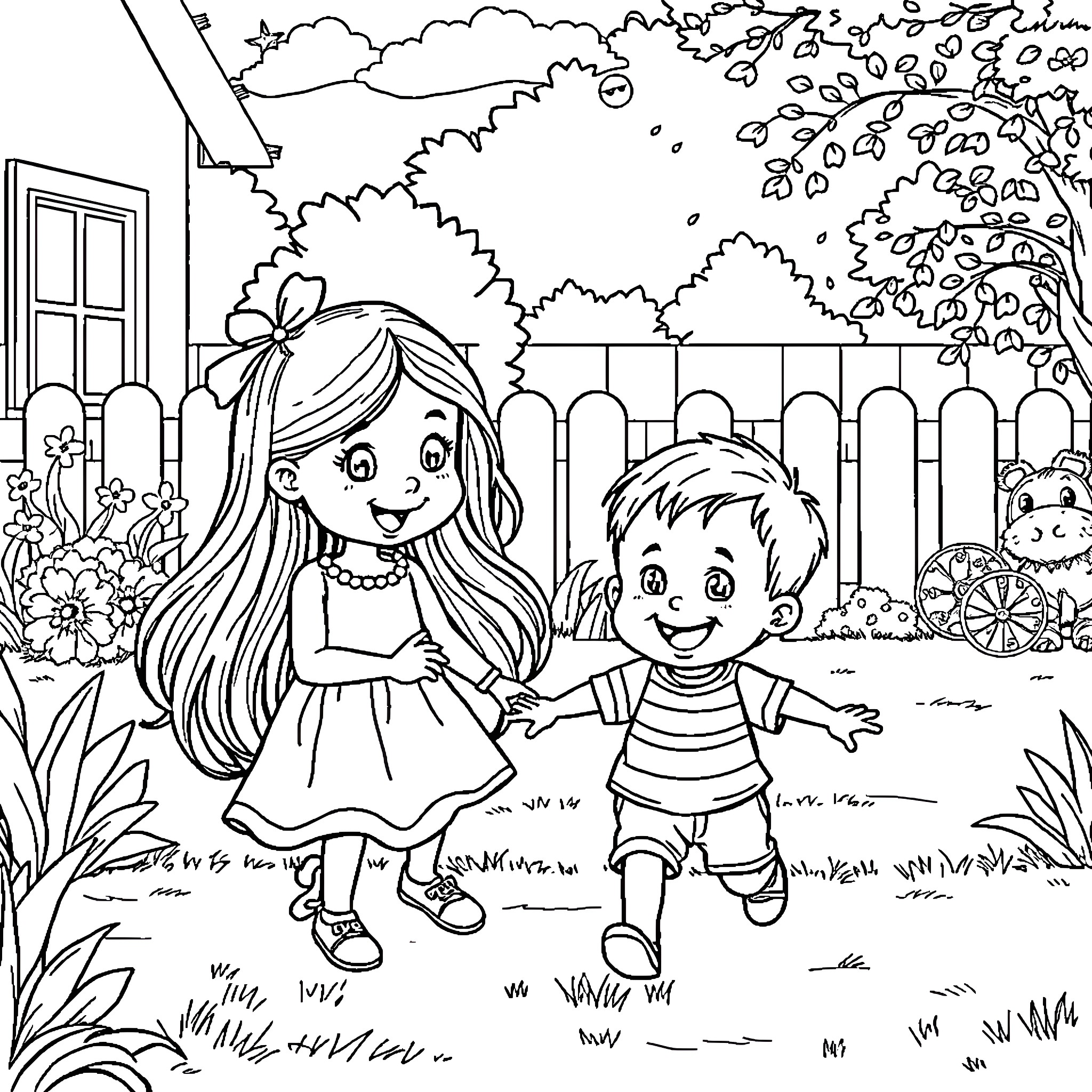 Girl and boy playing in a garden Coloring Page (free black-and-white line drawing printable PDF for all, from beginners to advanced learners, including children, teens, adults, and seniors)