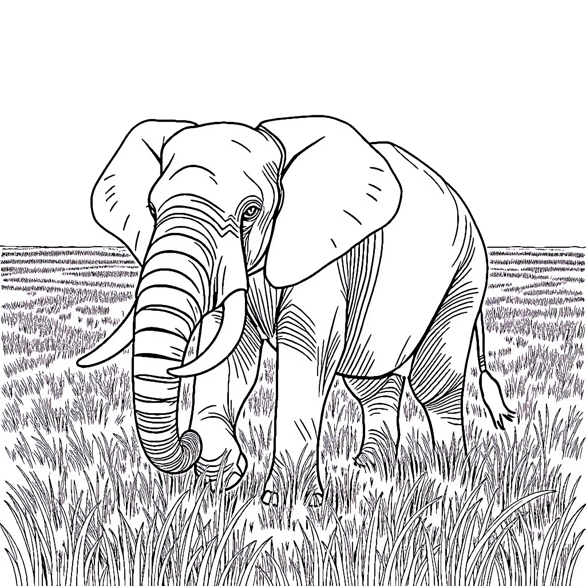 Elephant walking through the tall grass Coloring Page (free black-and-white line drawing printable PDF for all, from beginners to advanced learners, including children, teens, adults, and seniors)