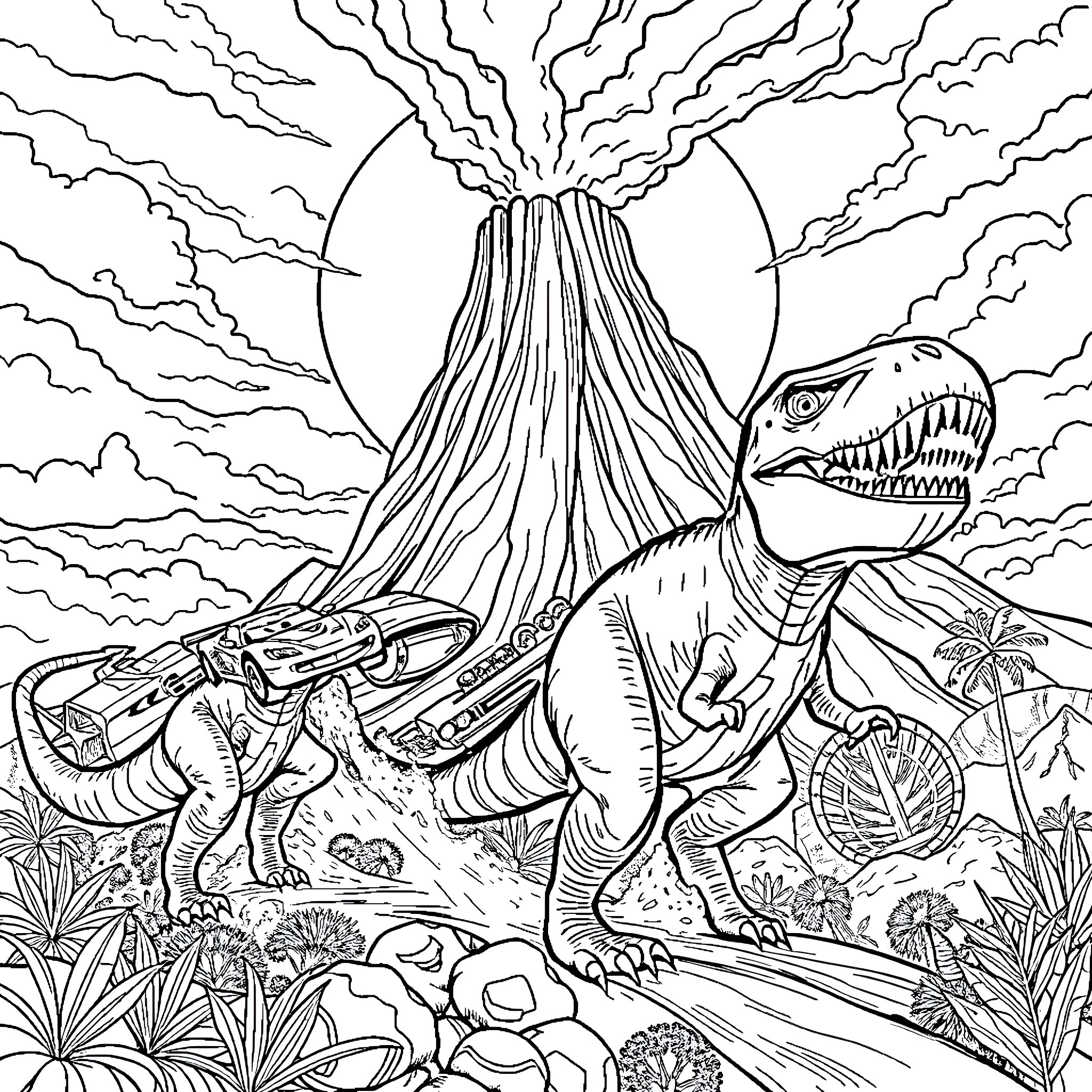 Car with Dinosaur in Prehistoric Landscape Coloring Page (free black-and-white line drawing printable PDF for all, from beginners to advanced learners, including children, teens, adults, and seniors)