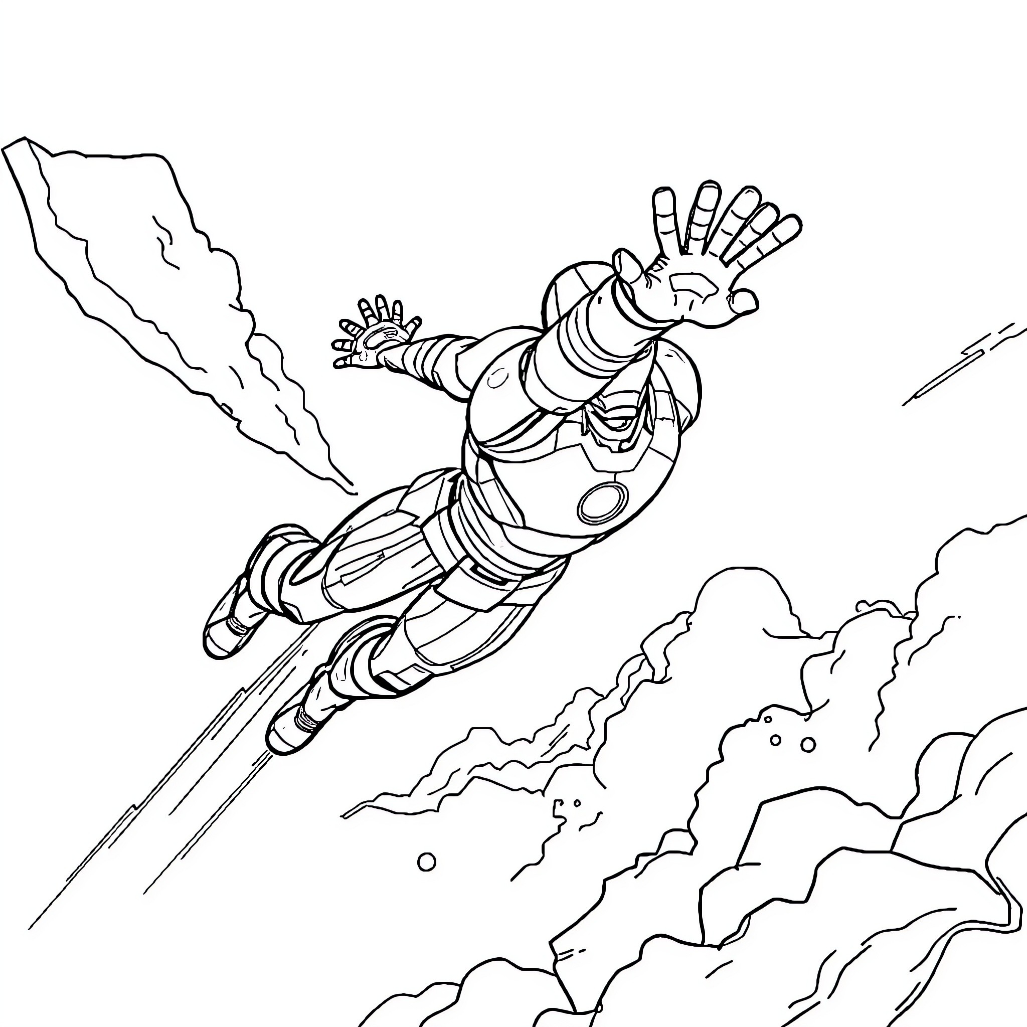 Ironman soaring through the sky in action Coloring Page (free black-and-white line drawing printable PDF for all, from beginners to advanced learners, including children, teens, adults, and seniors)
