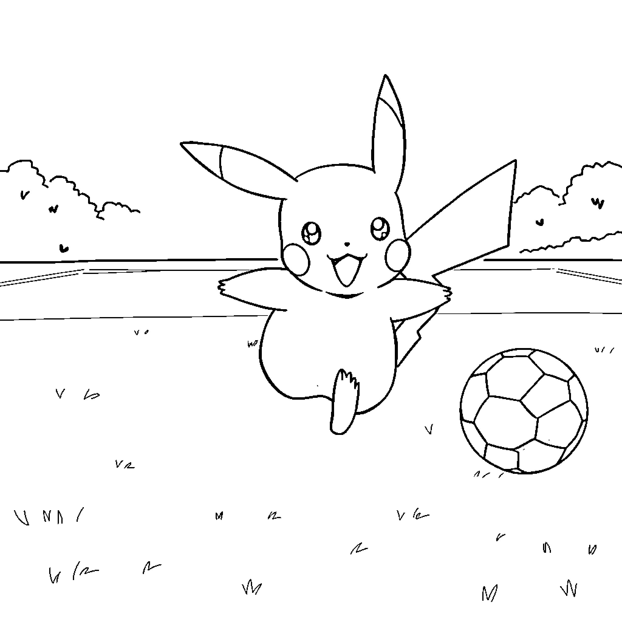Pikachu playing with a soccer ball in a field Coloring Page (free black-and-white line drawing printable PDF for all, from beginners to advanced learners, including children, teens, adults, and seniors)