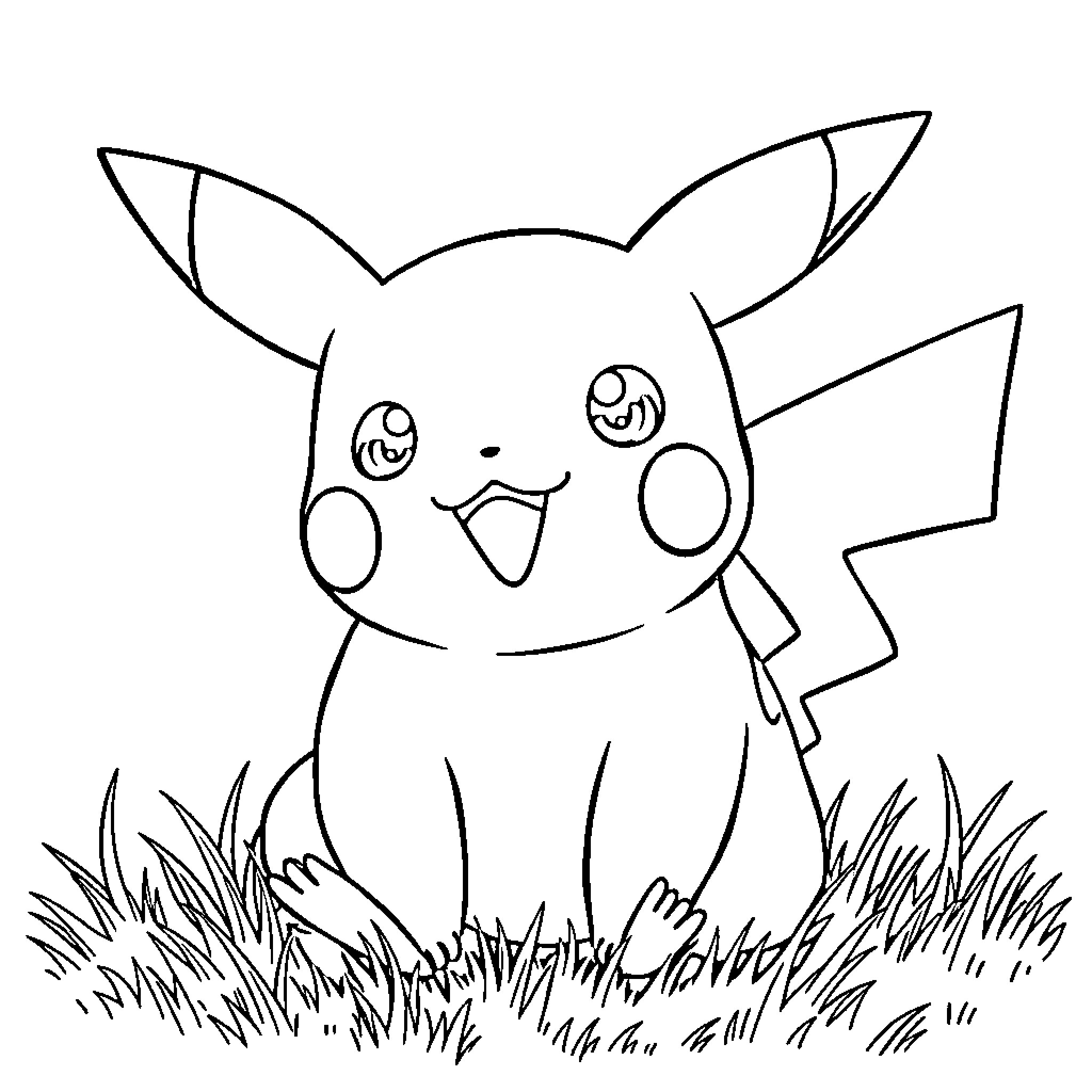 Pikachu happily playing in the grass Coloring Page (free black-and-white line drawing printable PDF for all, from beginners to advanced learners, including children, teens, adults, and seniors)