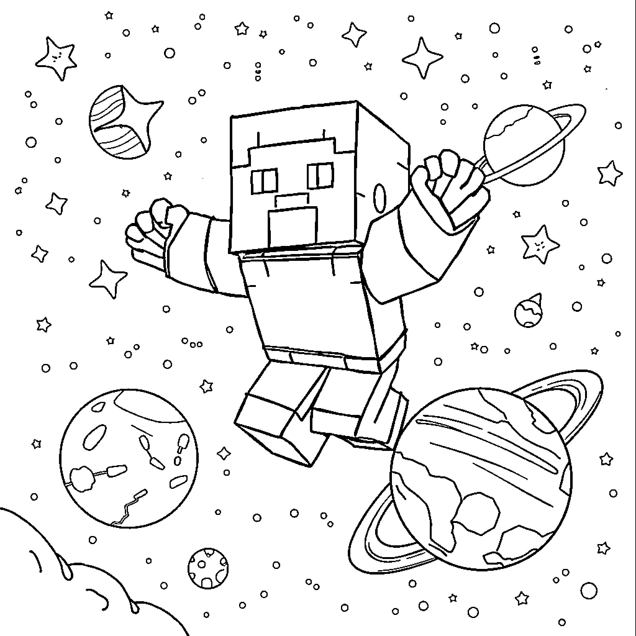 Steve's Cosmic Adventure in Space Coloring Page (free black-and-white line drawing printable PDF for all, from beginners to advanced learners, including children, teens, adults, and seniors)