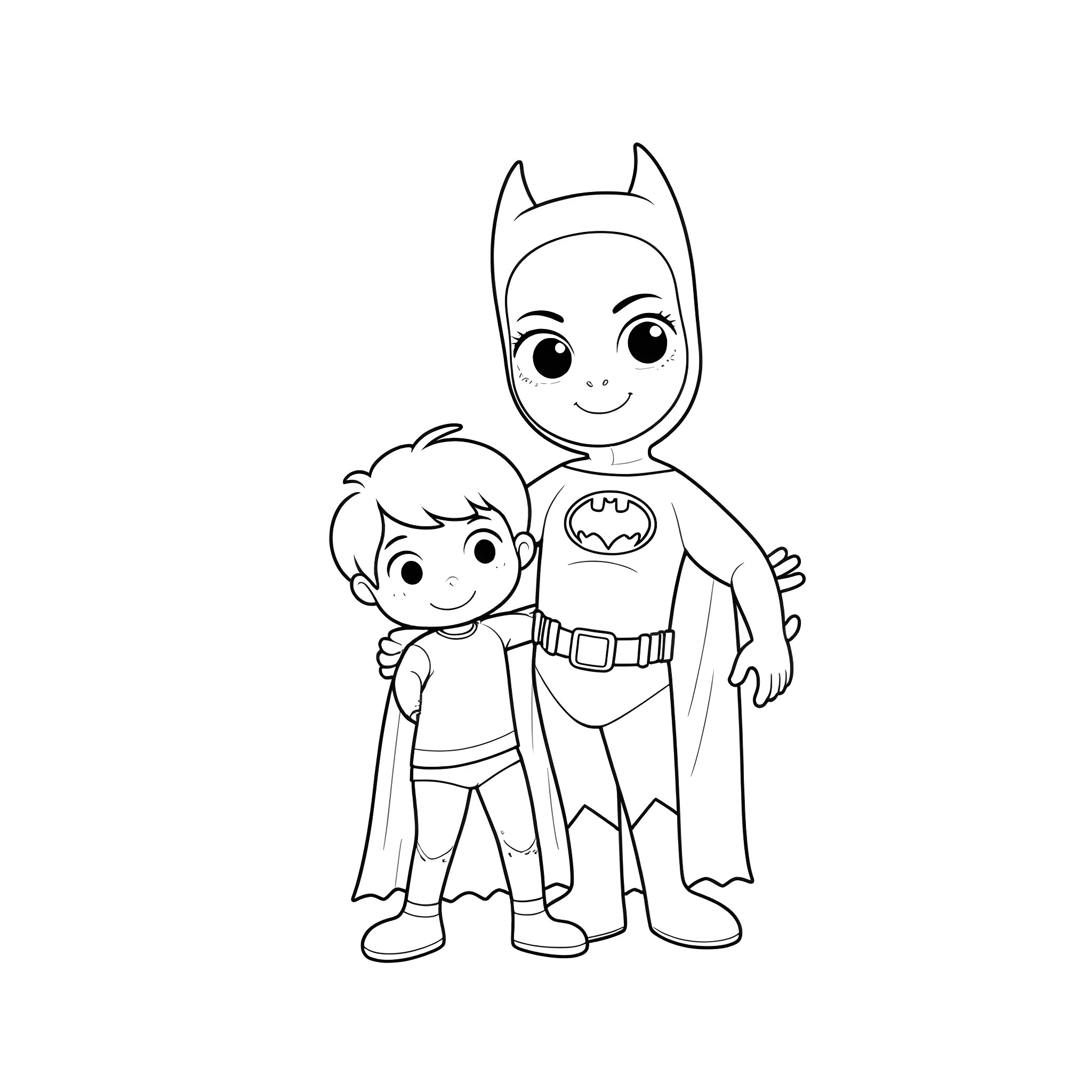 Batman and his sidekick in action-ready outfits Coloring Page (free black-and-white line drawing printable PDF for all, from beginners to advanced learners, including children, teens, adults, and seniors)