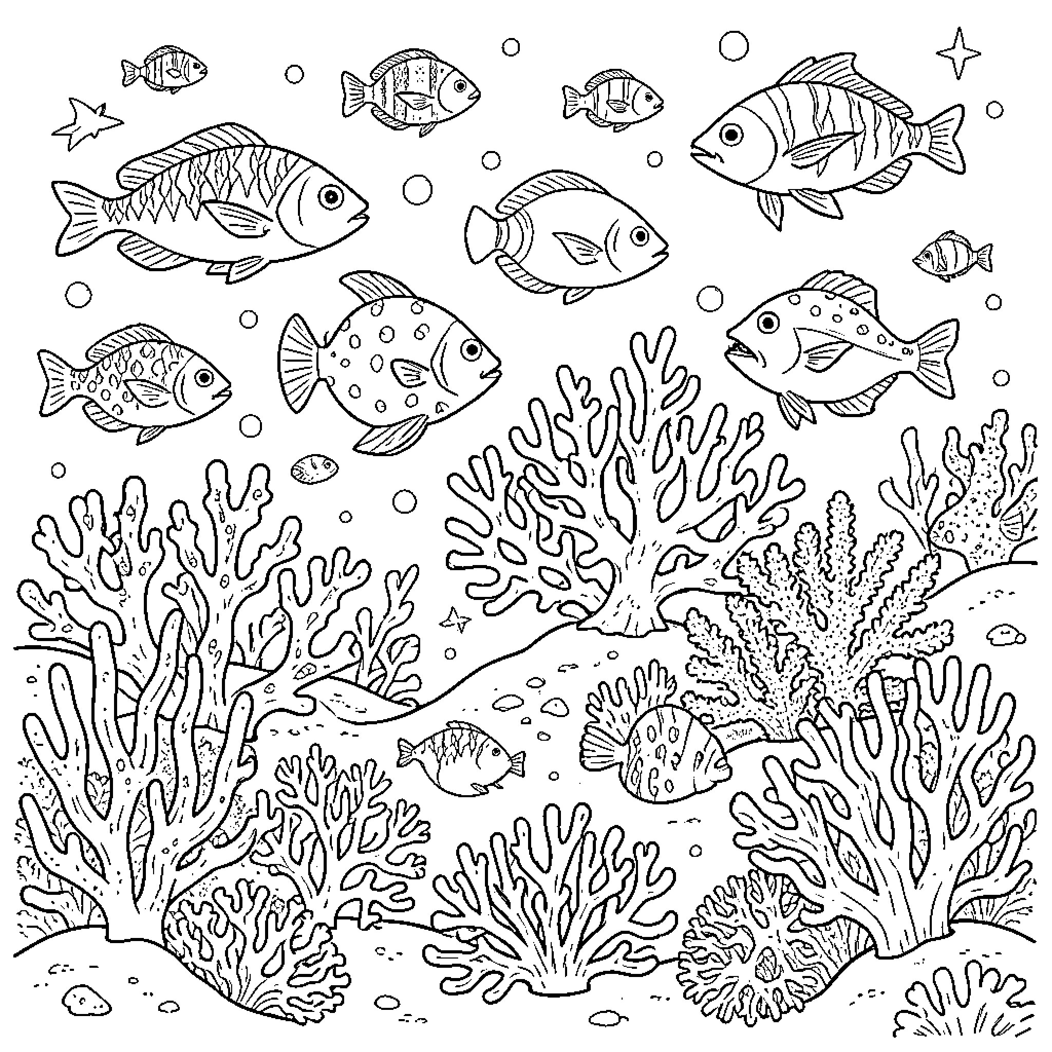 Coral reef scene with many fish swimming around Coloring Page (free black-and-white line drawing printable PDF for all, from beginners to advanced learners, including children, teens, adults, and seniors)