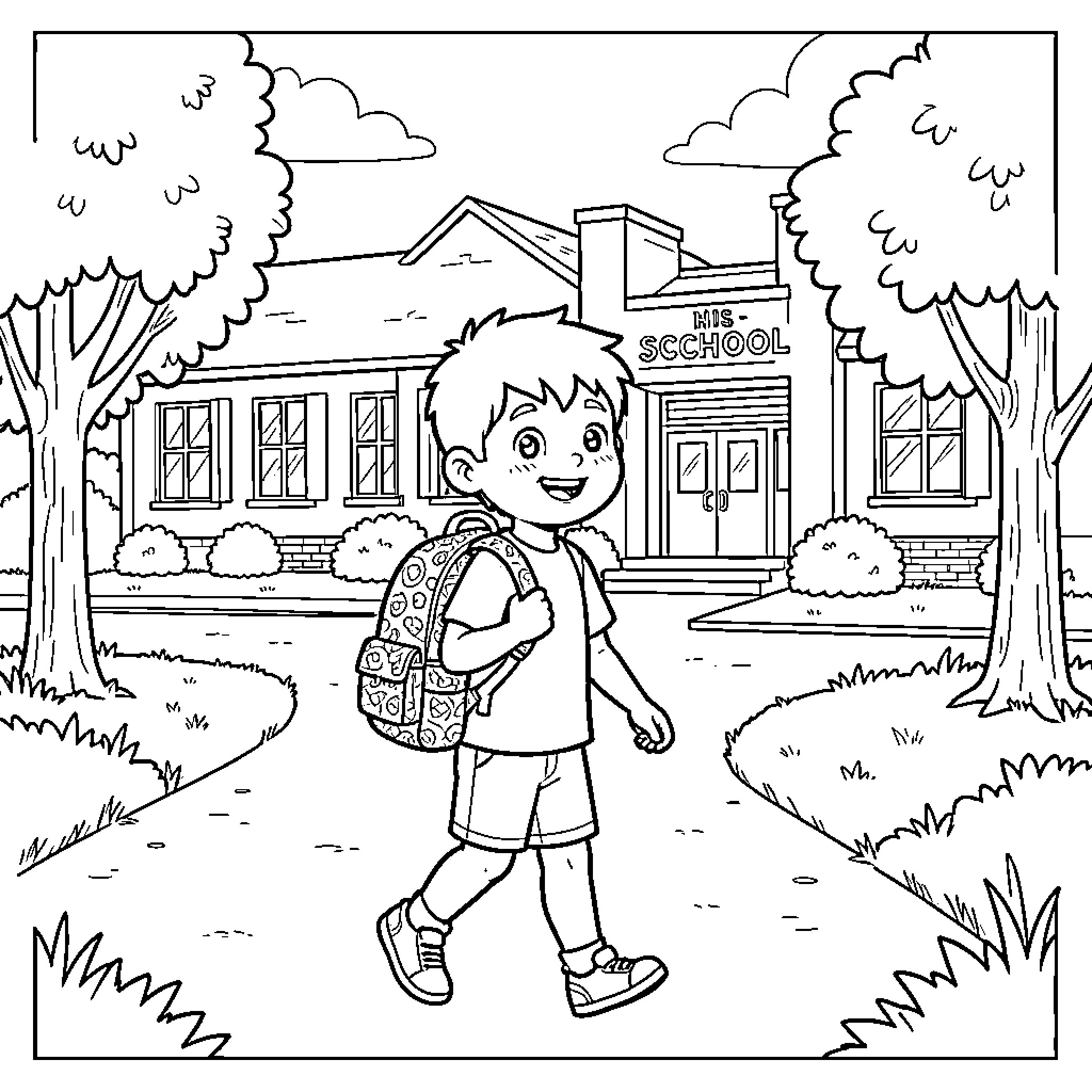 Boy walking to school with backpack Coloring Page (free black-and-white line drawing printable PDF for all, from beginners to advanced learners, including children, teens, adults, and seniors)