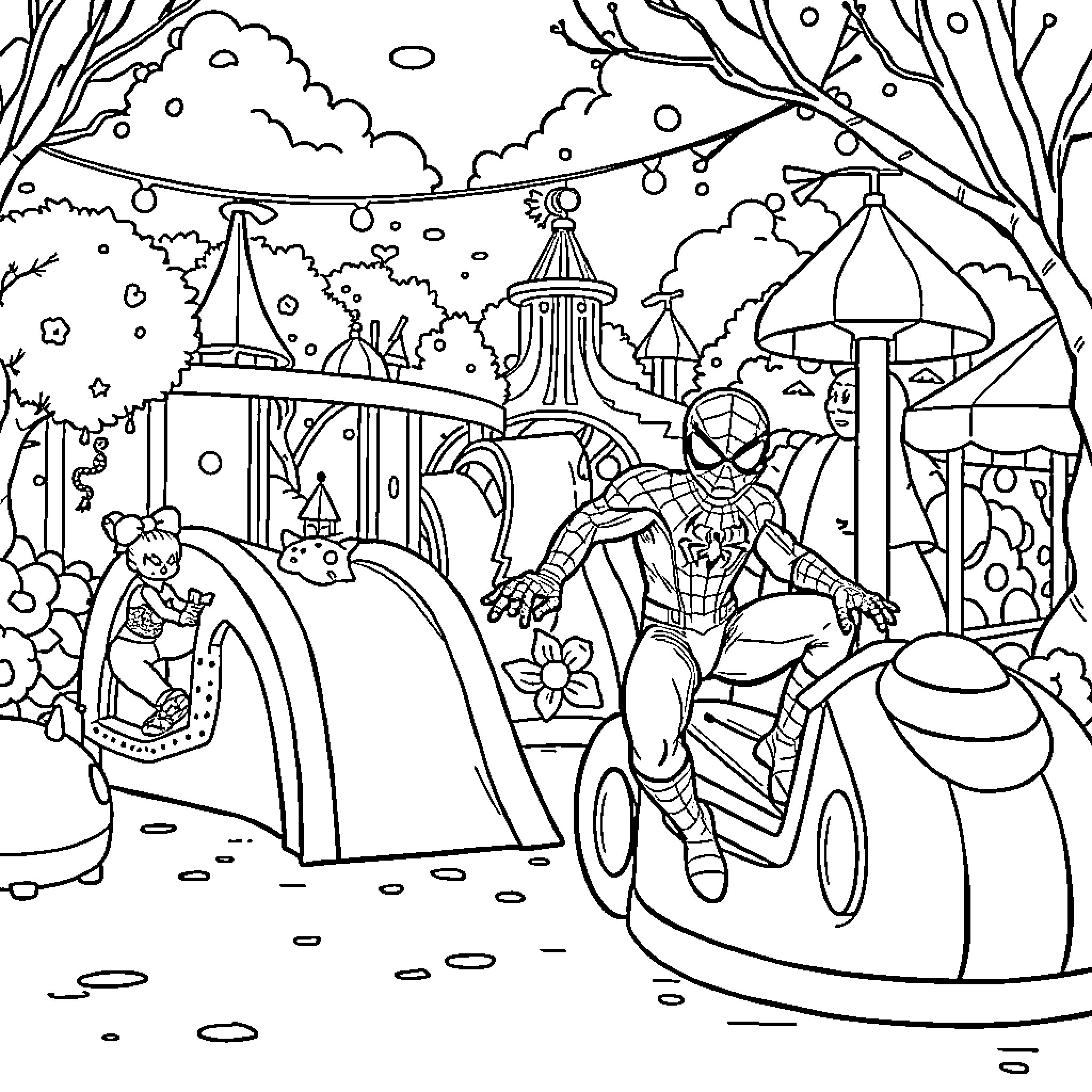 Spider-Man swinging through a whimsical amusement park Coloring Page (free black-and-white line drawing printable PDF for all, from beginners to advanced learners, including children, teens, adults, and seniors)