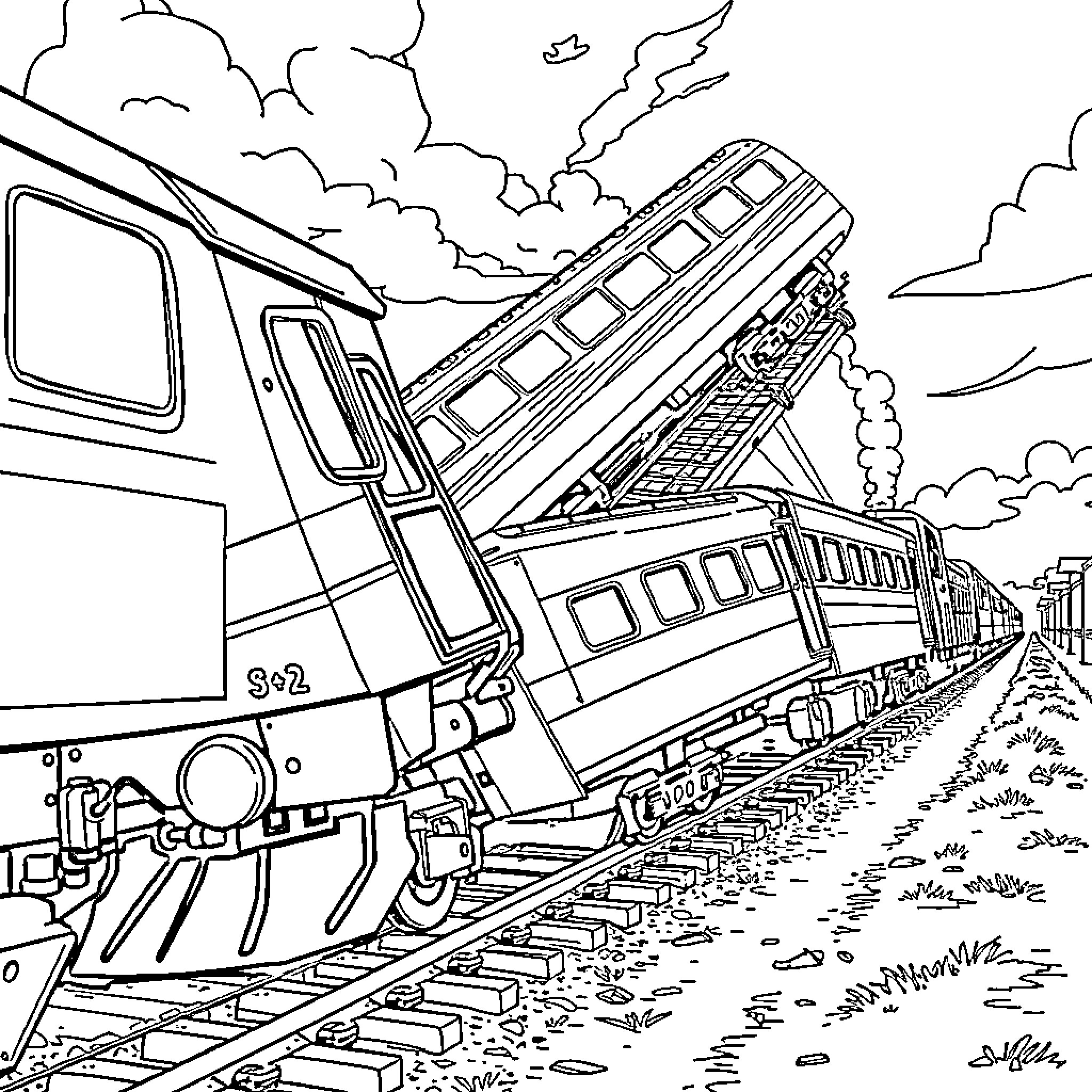 Train derailment scene with smoke and damaged cars Coloring Page (free black-and-white line drawing printable PDF for all, from beginners to advanced learners, including children, teens, adults, and seniors)