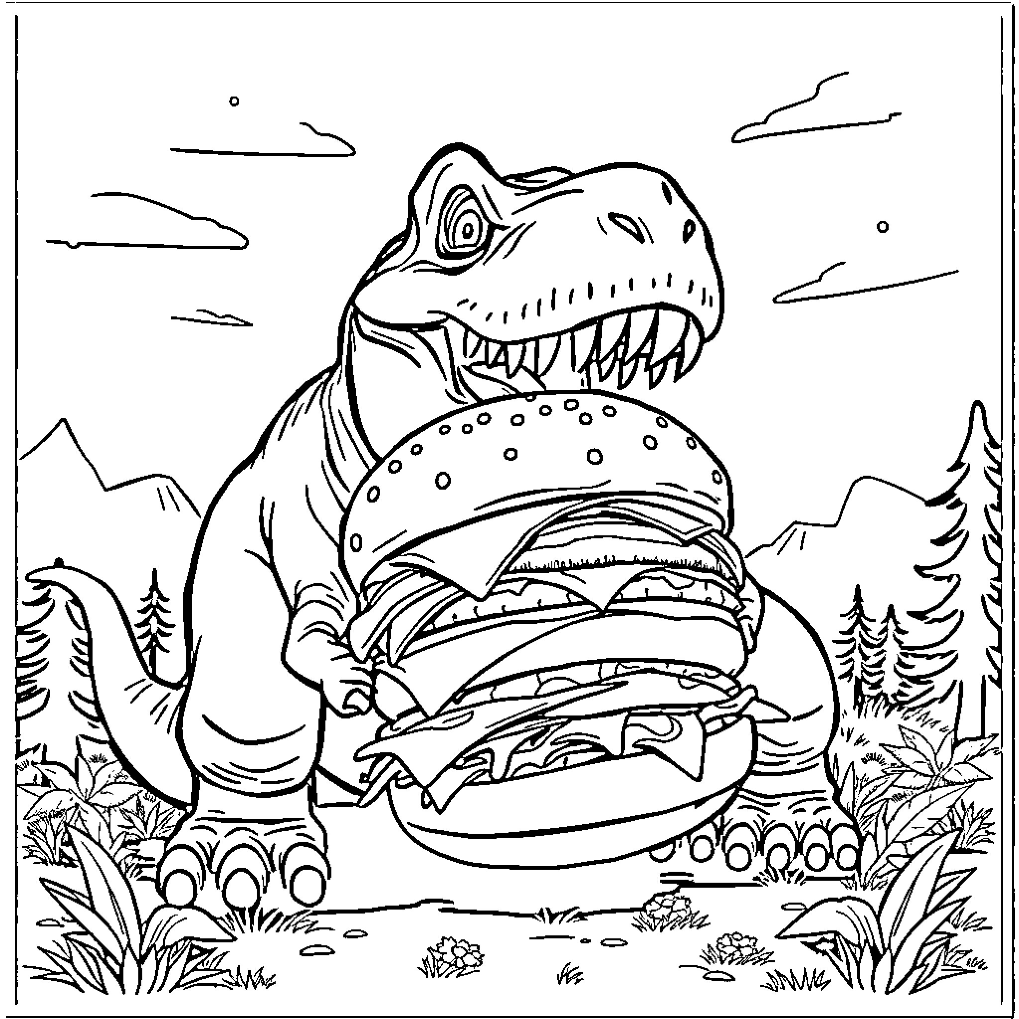 Dinosaur enjoying a giant burger in the wilderness Coloring Page (free black-and-white line drawing printable PDF for all, from beginners to advanced learners, including children, teens, adults, and seniors)