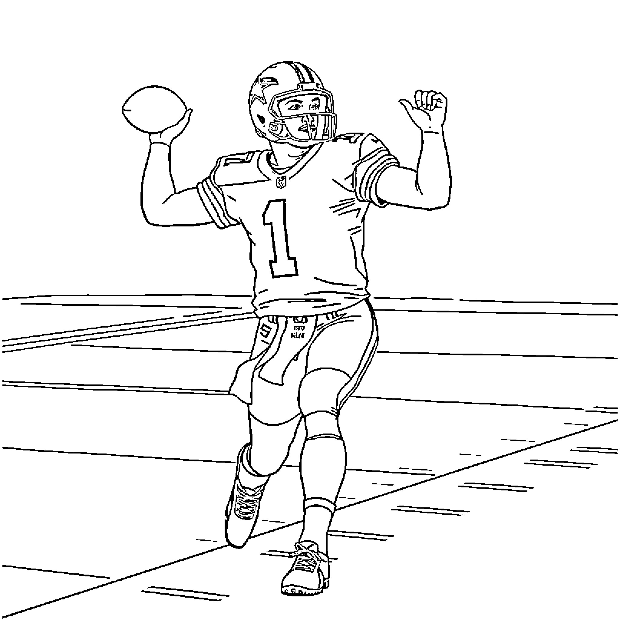 Dak Prescott throwing a pass on the field Coloring Page (free black-and-white line drawing printable PDF for all, from beginners to advanced learners, including children, teens, adults, and seniors)