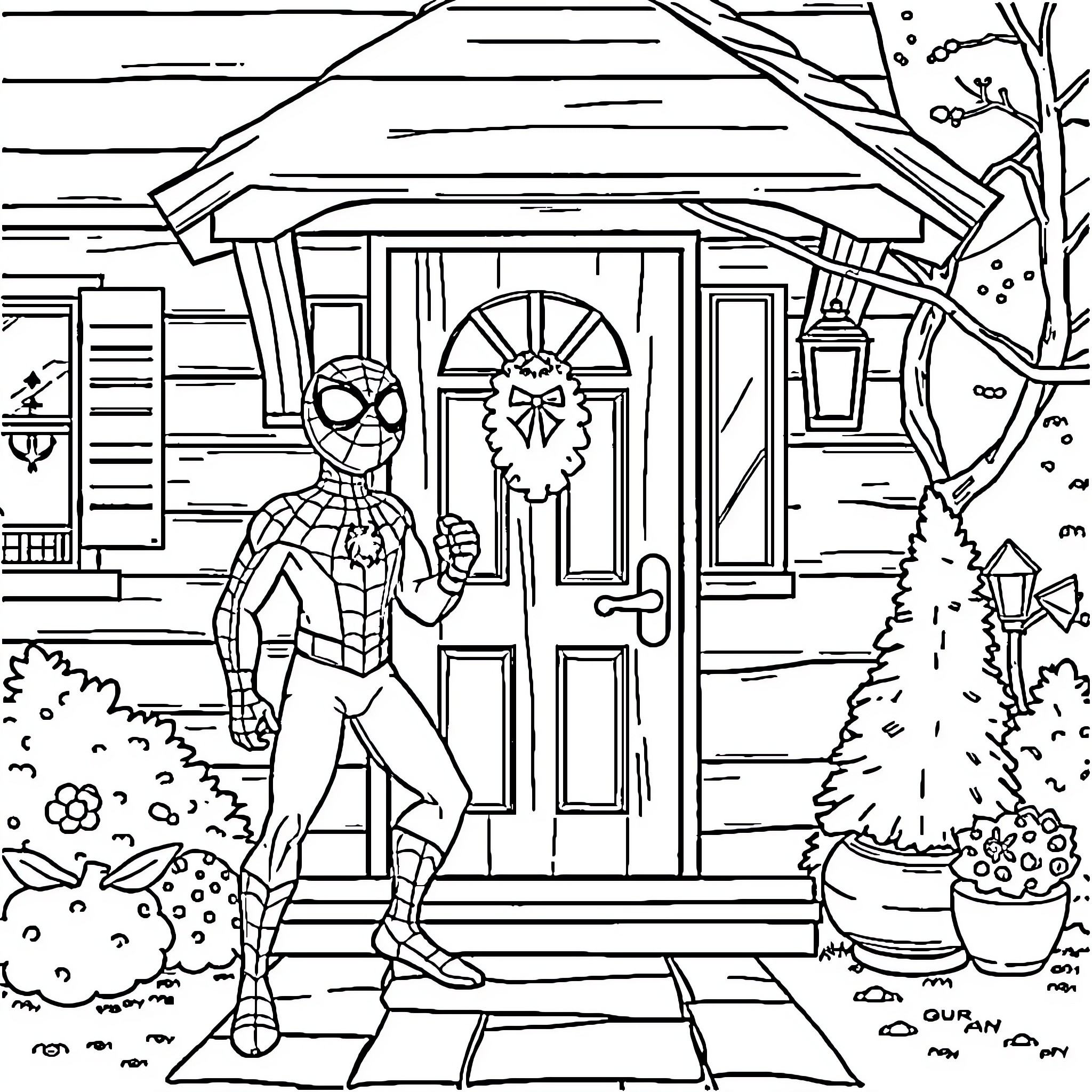 Spider-Man visiting a festive house Coloring Page (free black-and-white line drawing printable PDF for all, from beginners to advanced learners, including children, teens, adults, and seniors)