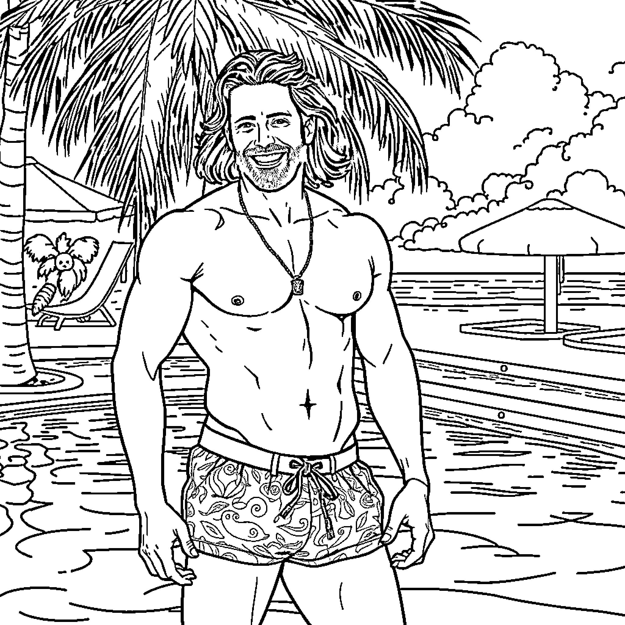 Matt Mercer enjoying a tropical vacation Coloring Page (free black-and-white line drawing printable PDF for all, from beginners to advanced learners, including children, teens, adults, and seniors)