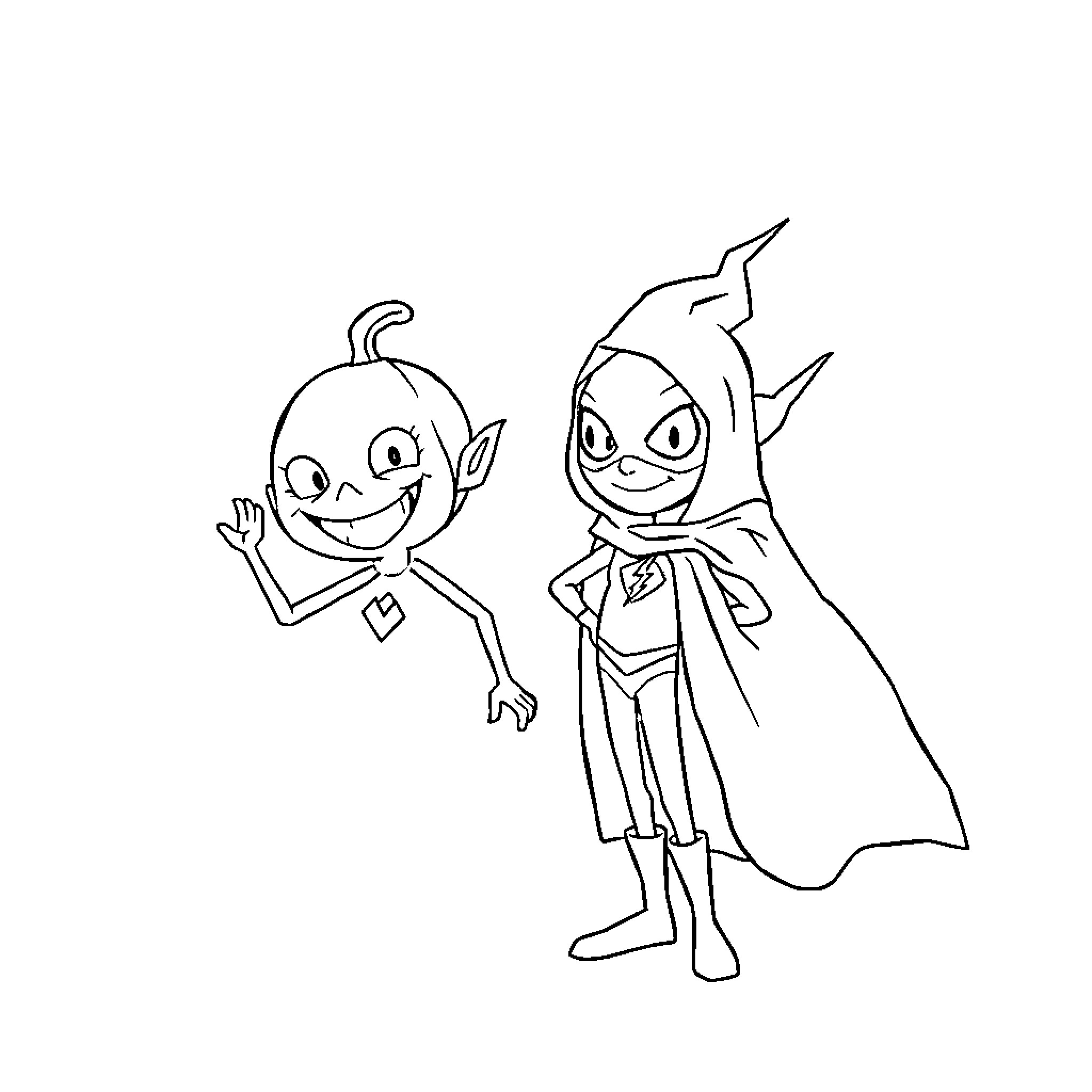 Flash of Friendly Cartoon Characters Coloring Page (free black-and-white line drawing printable PDF for all, from beginners to advanced learners, including children, teens, adults, and seniors)