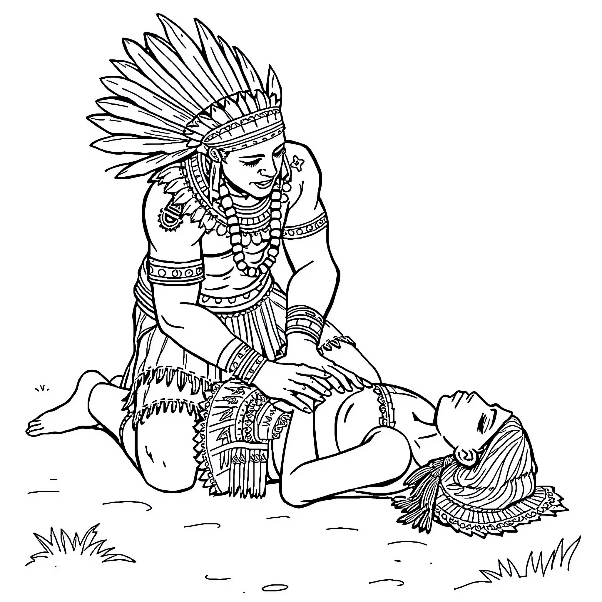 Aztec leader standing over fallen warrior Coloring Page (free black-and-white line drawing printable PDF for all, from beginners to advanced learners, including children, teens, adults, and seniors)