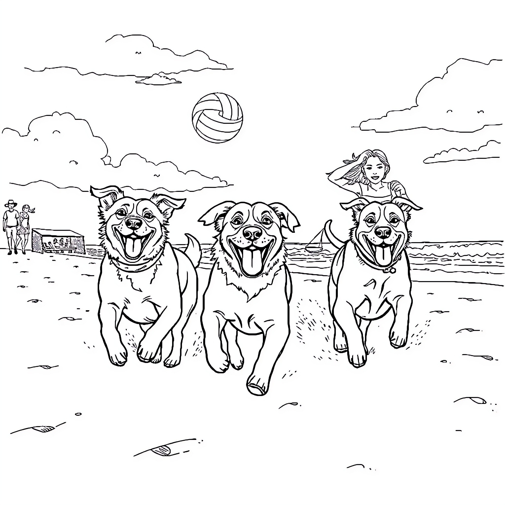 Dog trio playing joyfully on the beach Coloring Page (free black-and-white line drawing printable PDF for all, from beginners to advanced learners, including children, teens, adults, and seniors)