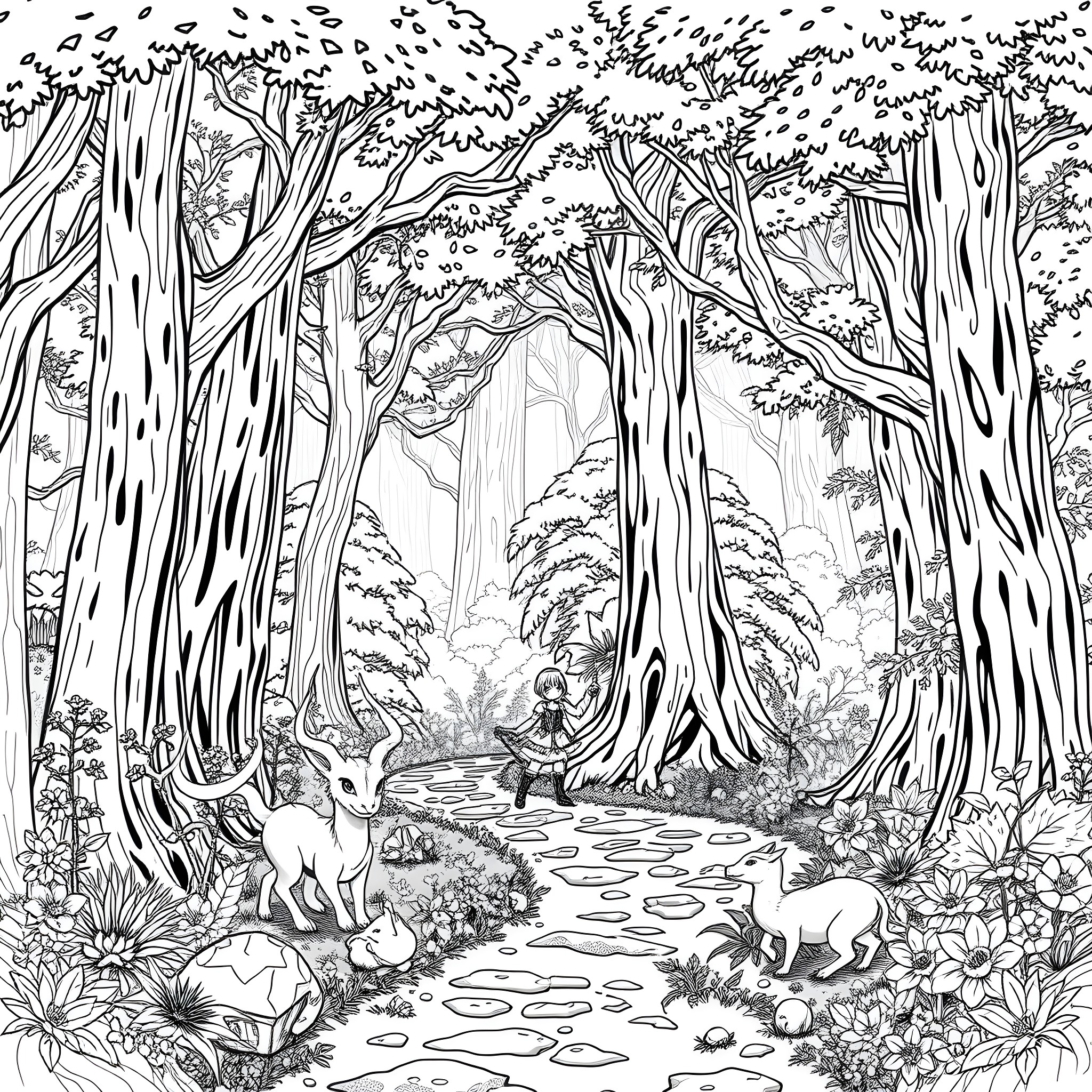 Anime Characters Exploring a Magical Forest Coloring Page (free black-and-white line drawing printable PDF for all, from beginners to advanced learners, including children, teens, adults, and seniors)