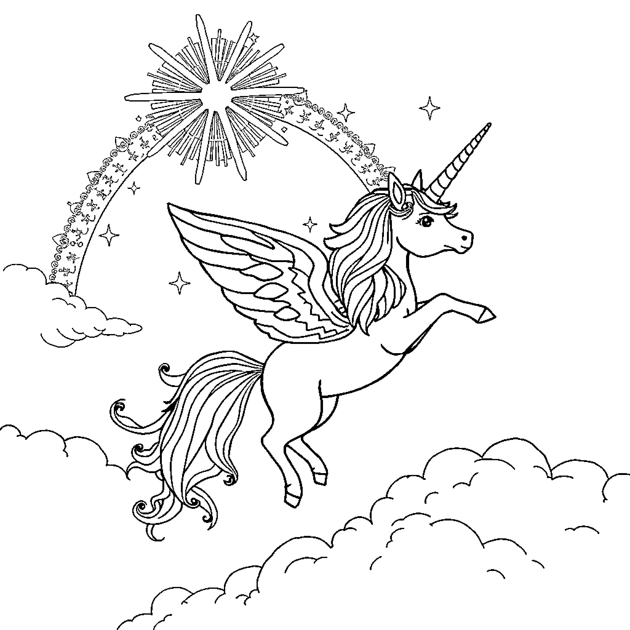 Unicorn soaring through the night sky Coloring Page (free black-and-white line drawing printable PDF for all, from beginners to advanced learners, including children, teens, adults, and seniors)