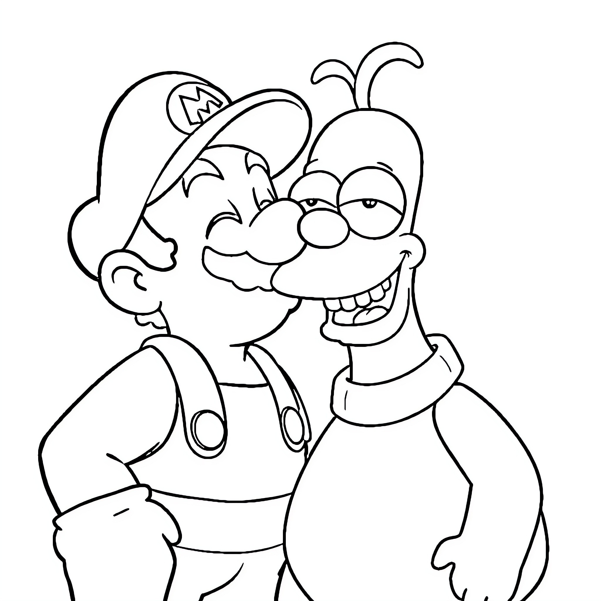 Super Mario and his Goofy Companion Coloring Page (free black-and-white line drawing printable PDF for all, from beginners to advanced learners, including children, teens, adults, and seniors)