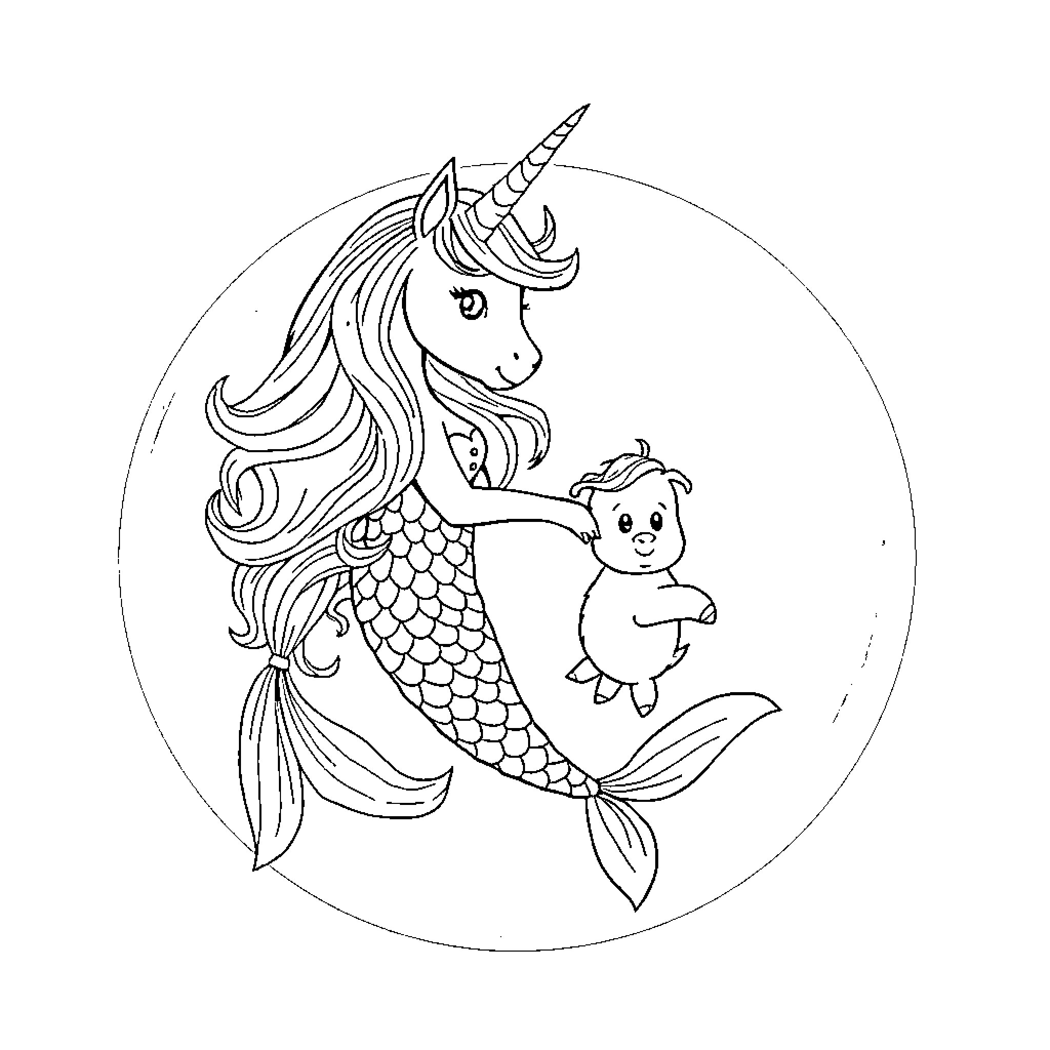 Mermaid Unicorn carrying a baby mermaid Coloring Page (free black-and-white line drawing printable PDF for all, from beginners to advanced learners, including children, teens, adults, and seniors)