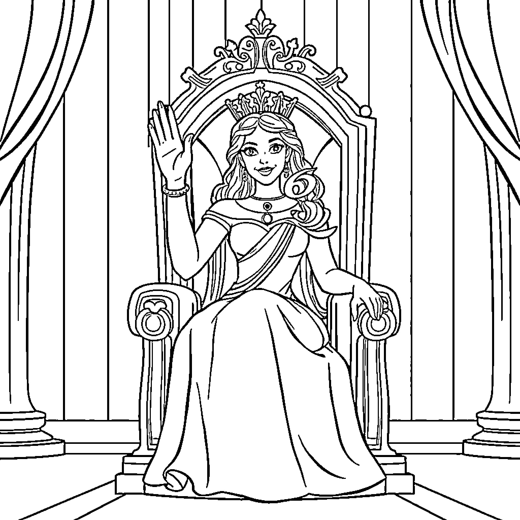 Princess on a Throne in an Ornate Palace Coloring Page (free black-and-white line drawing printable PDF for all, from beginners to advanced learners, including children, teens, adults, and seniors)