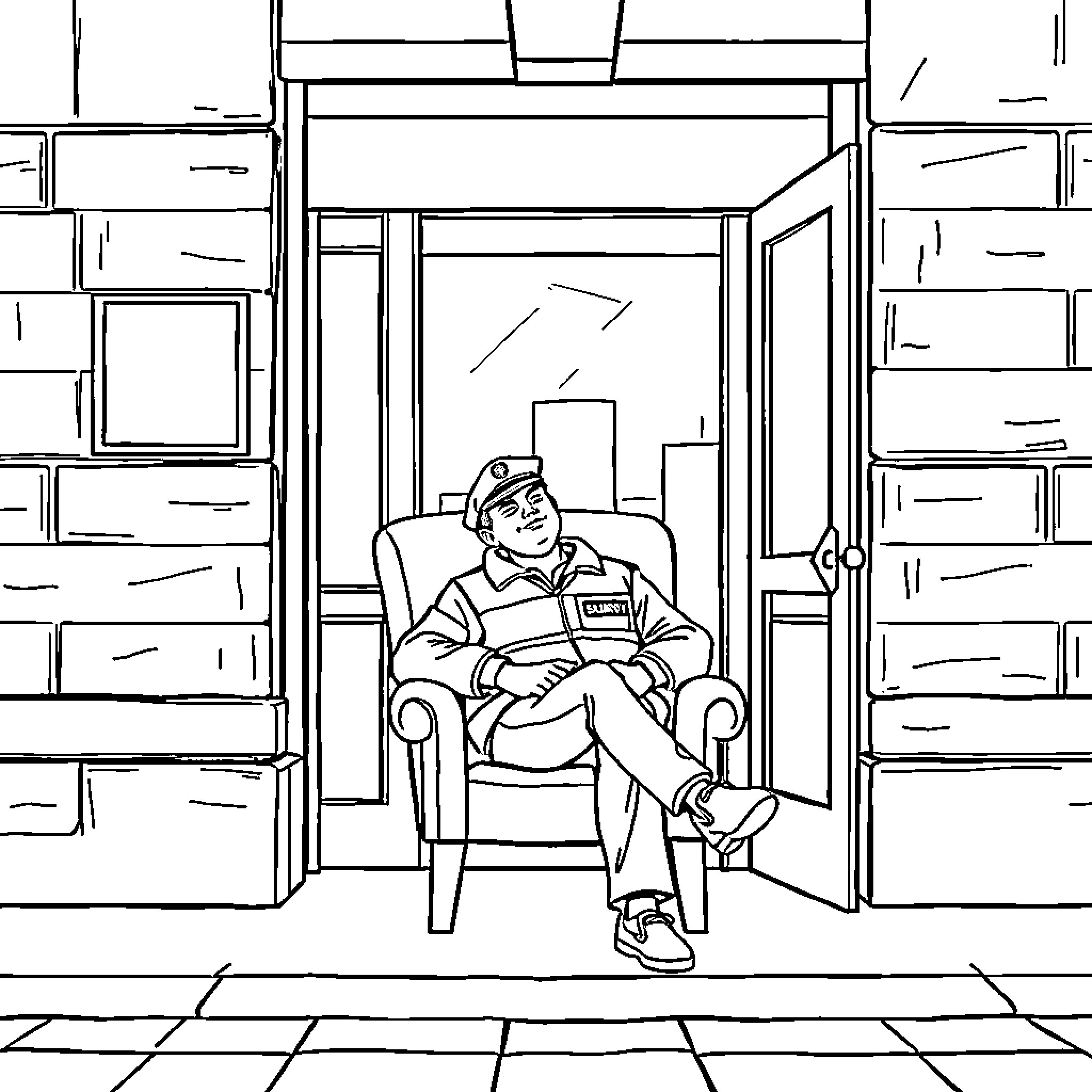 Security Guard Resting in Doorway Coloring Page (free black-and-white line drawing printable PDF for all, from beginners to advanced learners, including children, teens, adults, and seniors)