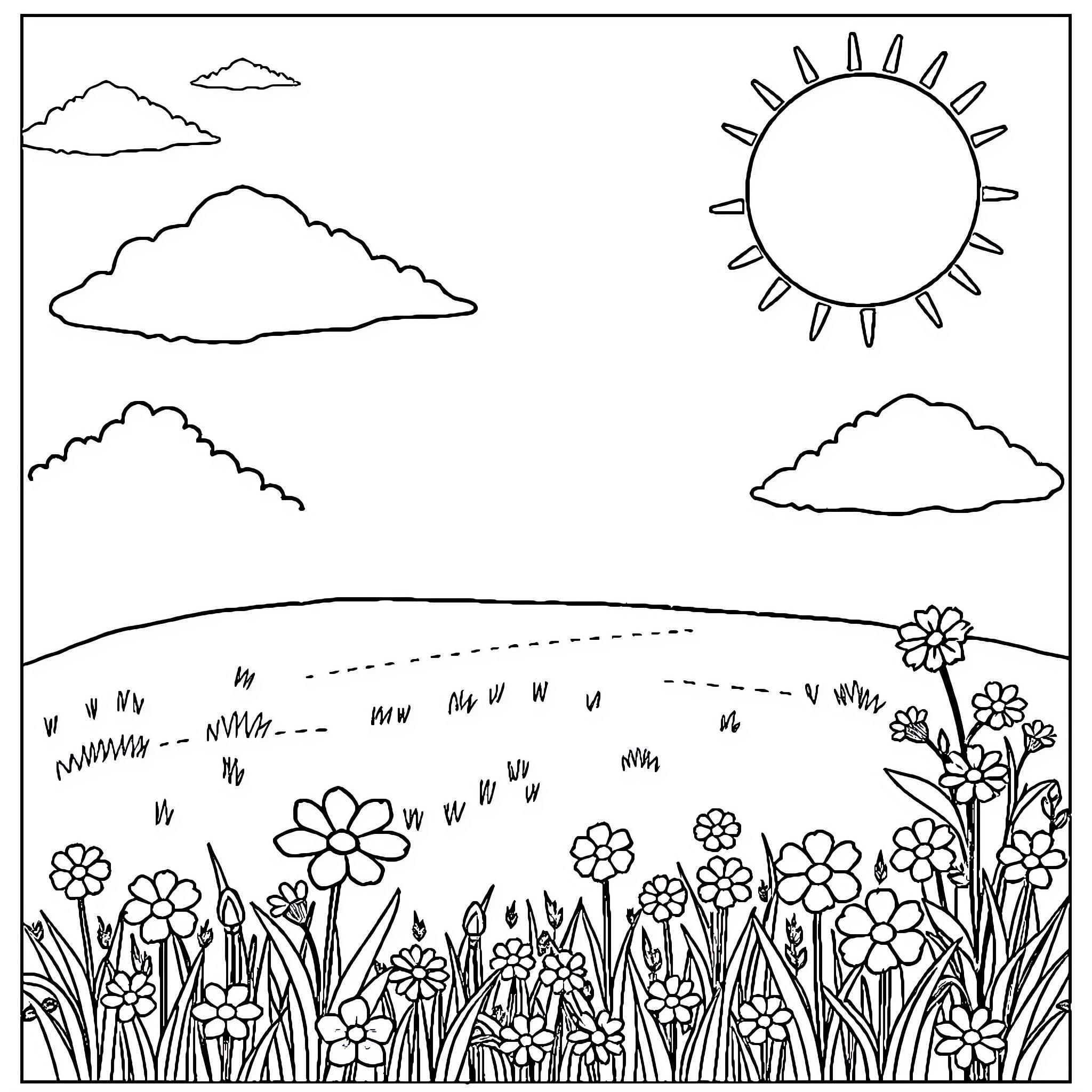 Sun shining over a field of flowers Coloring Page (free black-and-white line drawing printable PDF for all, from beginners to advanced learners, including children, teens, adults, and seniors)