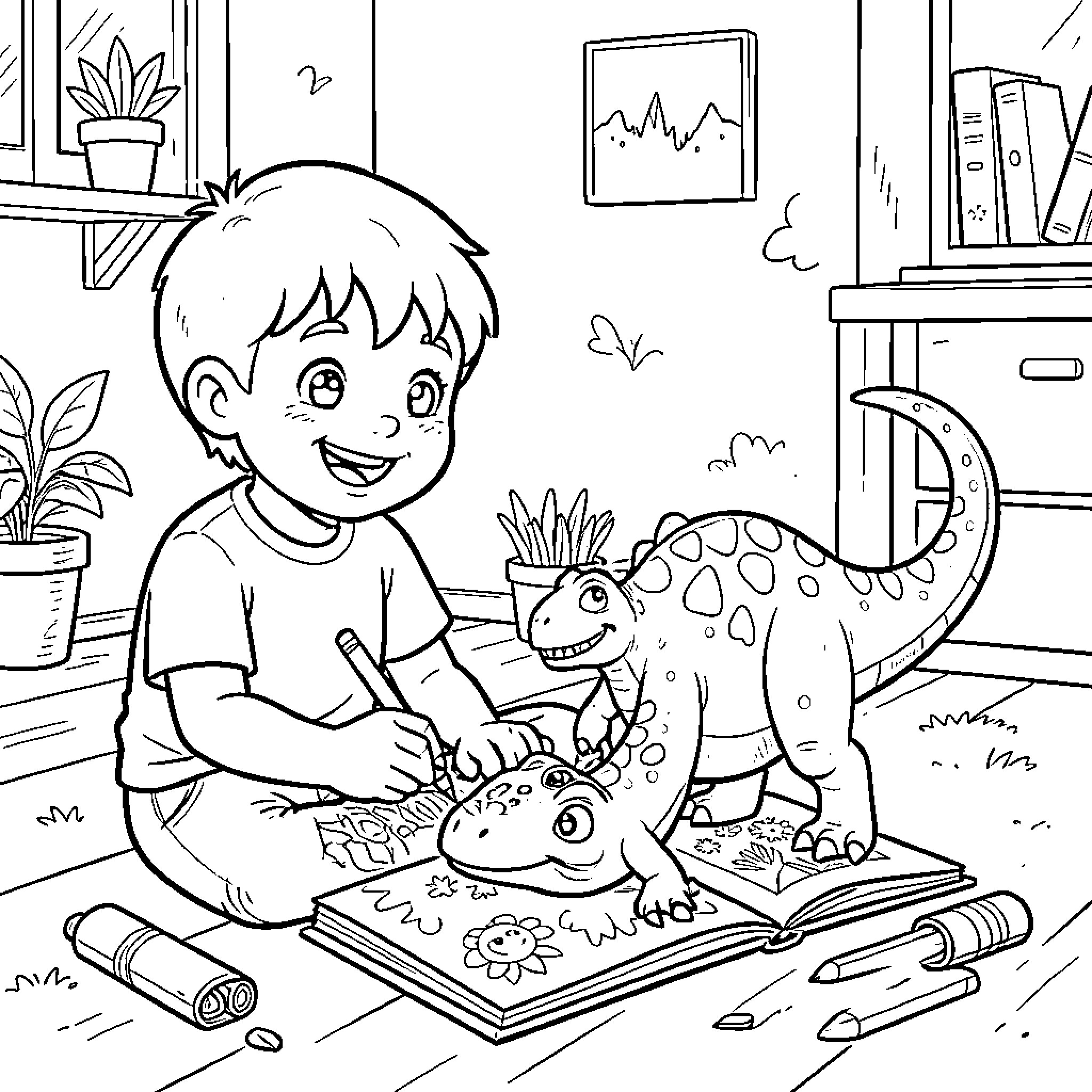 Niño Coloring Dinosaurs in His Room Coloring Page (free black-and-white line drawing printable PDF for all, from beginners to advanced learners, including children, teens, adults, and seniors)