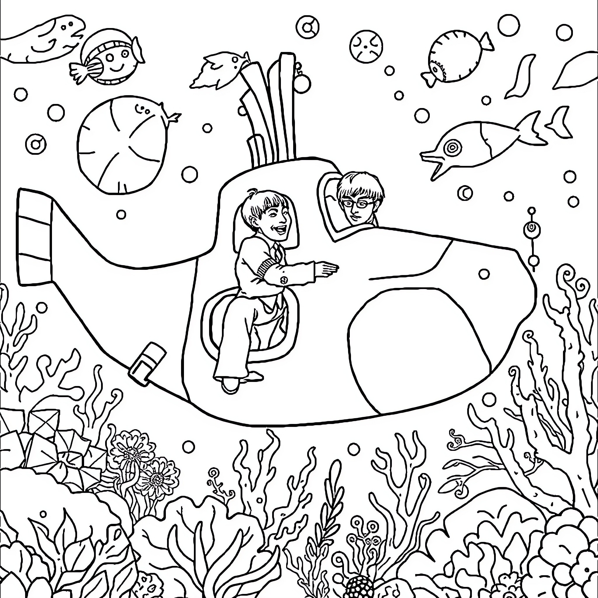 Submarine exploring the underwater world with friends Coloring Page (free black-and-white line drawing printable PDF for all, from beginners to advanced learners, including children, teens, adults, and seniors)