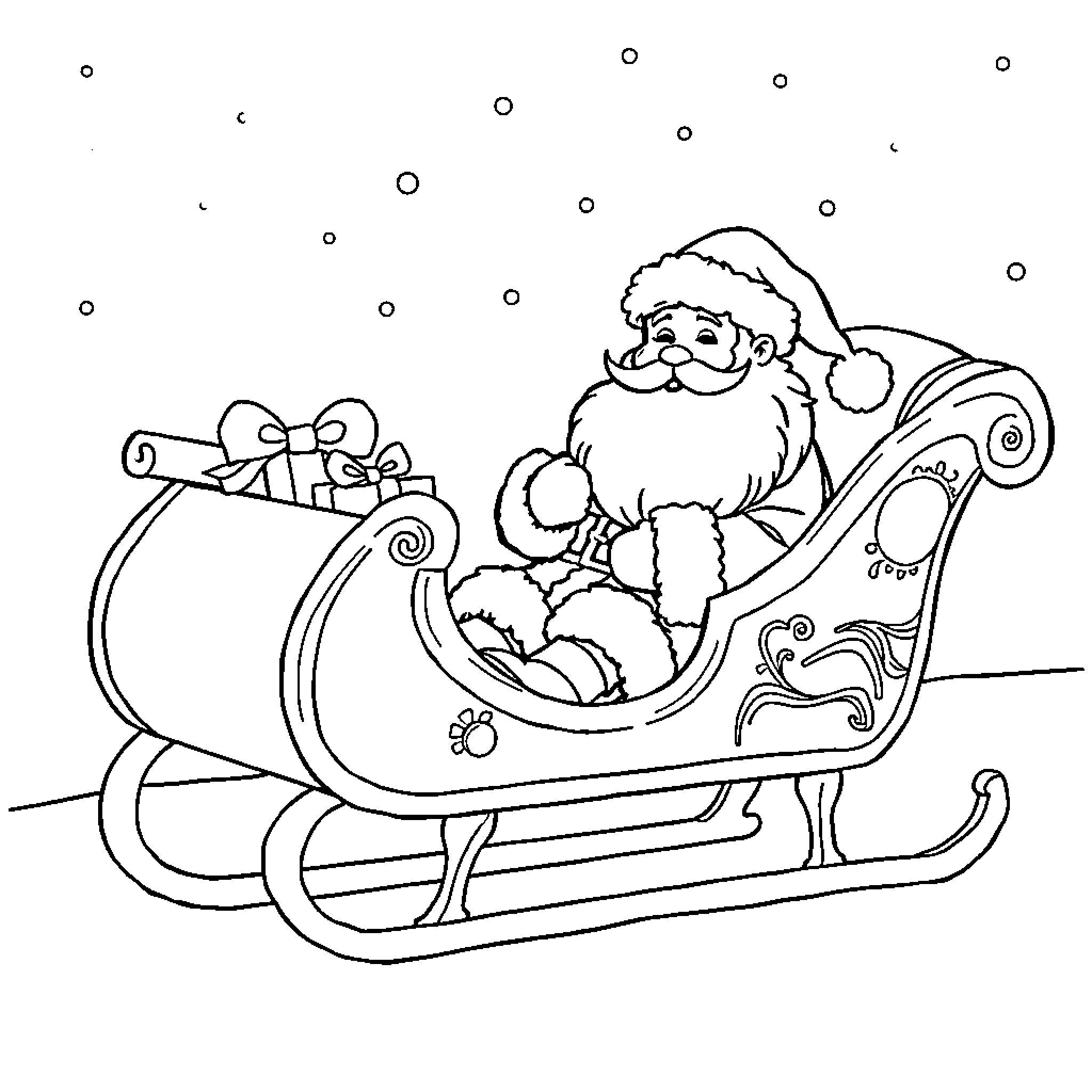 Santa in his sleigh delivering presents Coloring Page (free black-and-white line drawing printable PDF for all, from beginners to advanced learners, including children, teens, adults, and seniors)