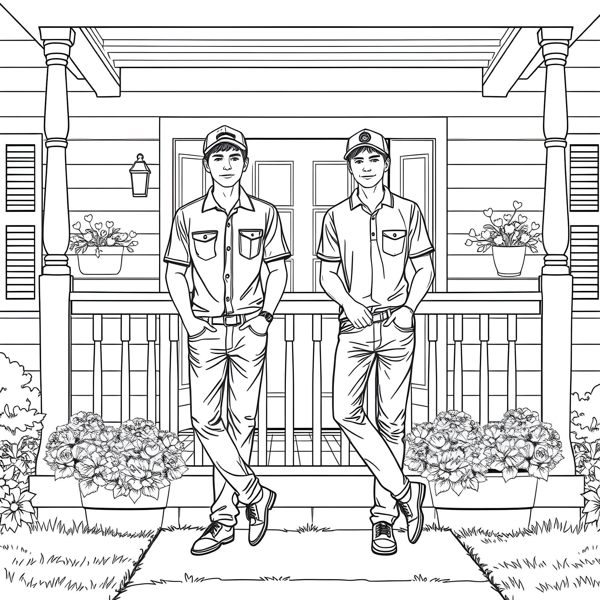 Teen Guys Standing in Front of a Cozy Cabin Coloring Page (free black-and-white line drawing printable PDF for all, from beginners to advanced learners, including children, teens, adults, and seniors)