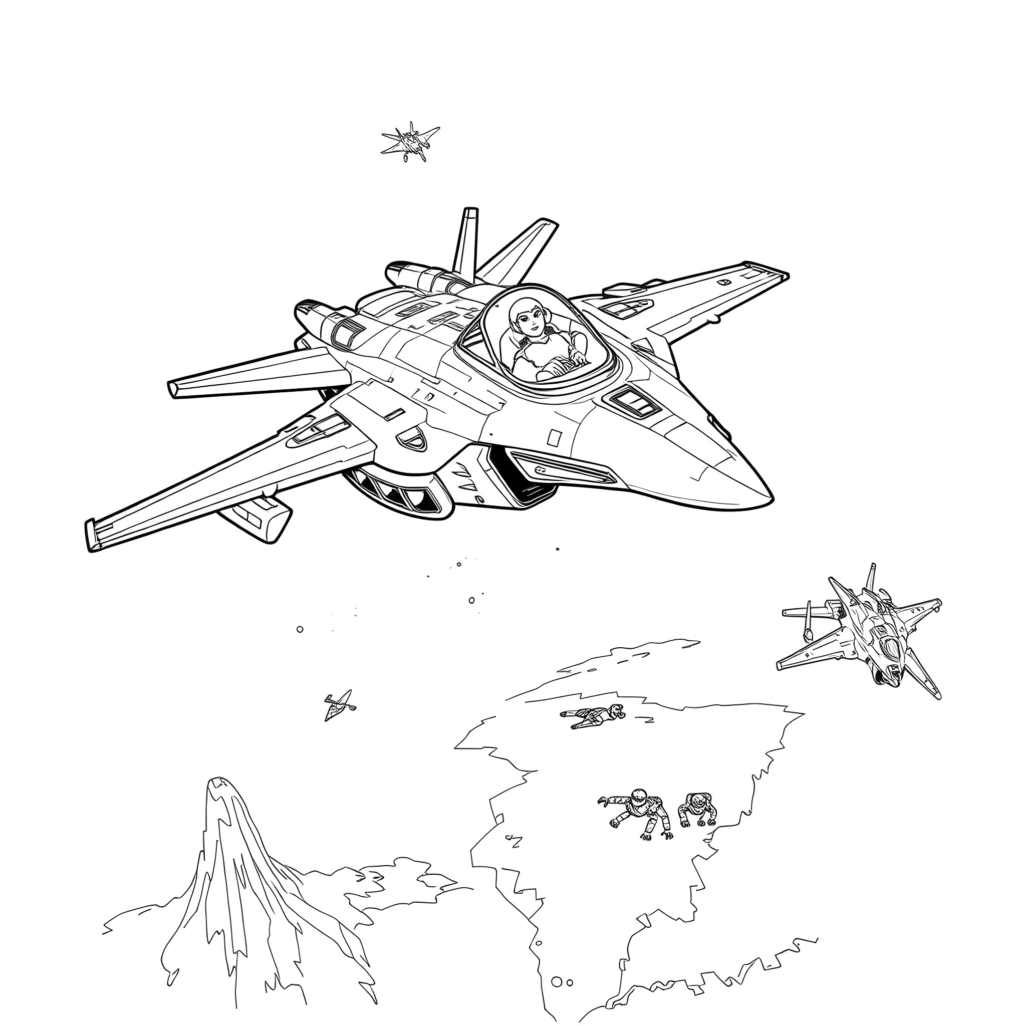 Roy Fokker's iconic fighter jet in action Coloring Page (free black-and-white line drawing printable PDF for all, from beginners to advanced learners, including children, teens, adults, and seniors)