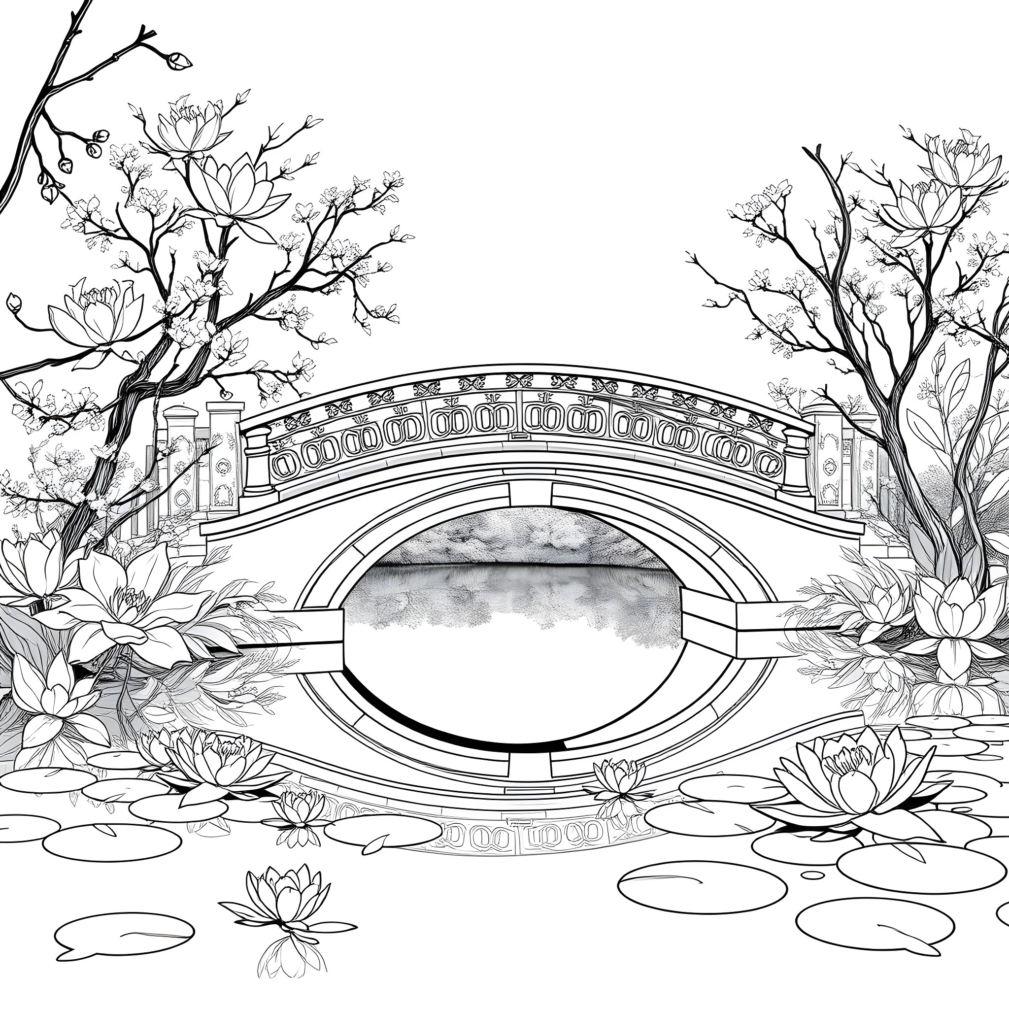 Bridge featuring decorative arches and blooming flowers Coloring Page (free black-and-white line drawing printable PDF for all, from beginners to advanced learners, including children, teens, adults, and seniors)