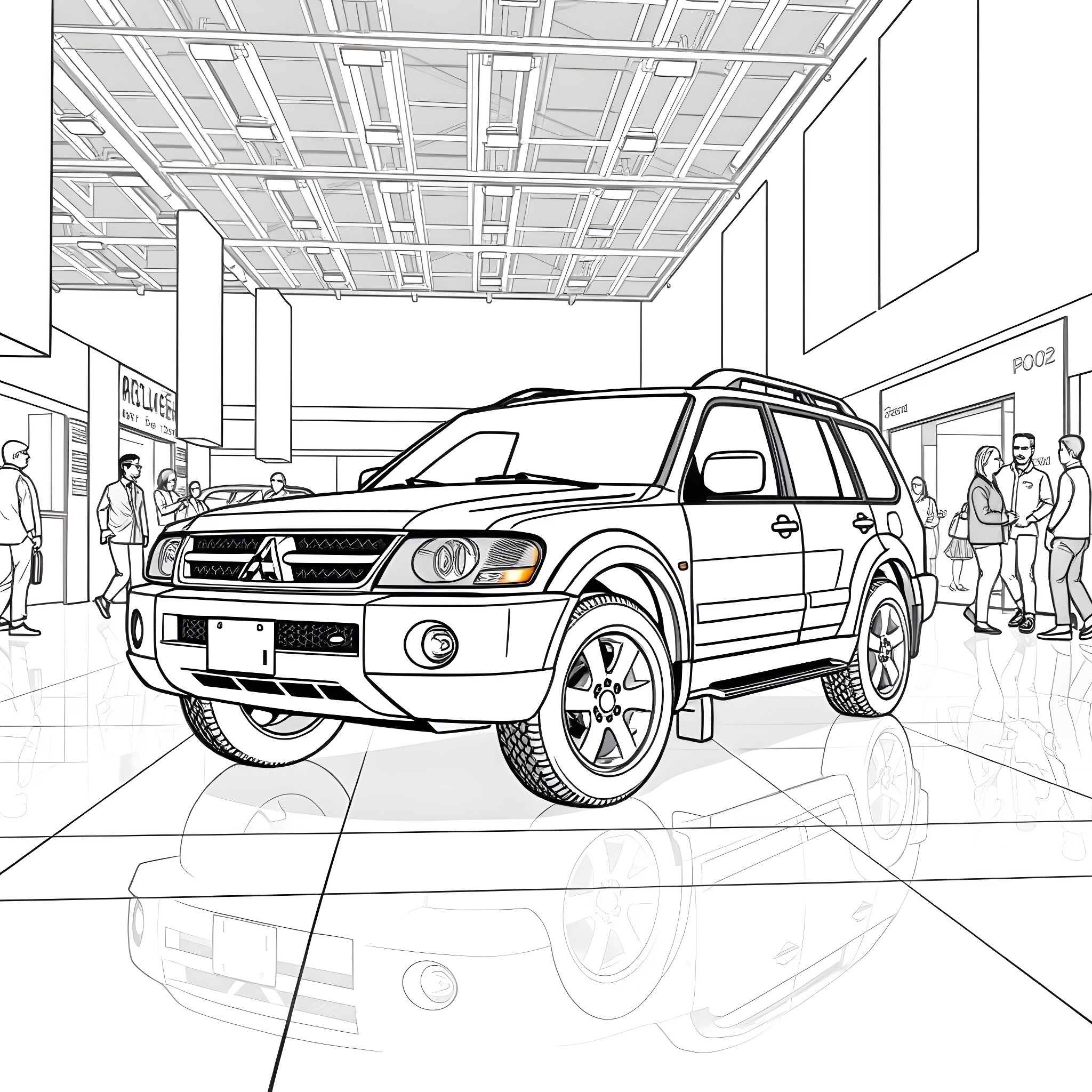 Mitsubishi Challenger SUV on display in a showroom Coloring Page (free black-and-white line drawing printable PDF for all, from beginners to advanced learners, including children, teens, adults, and seniors)