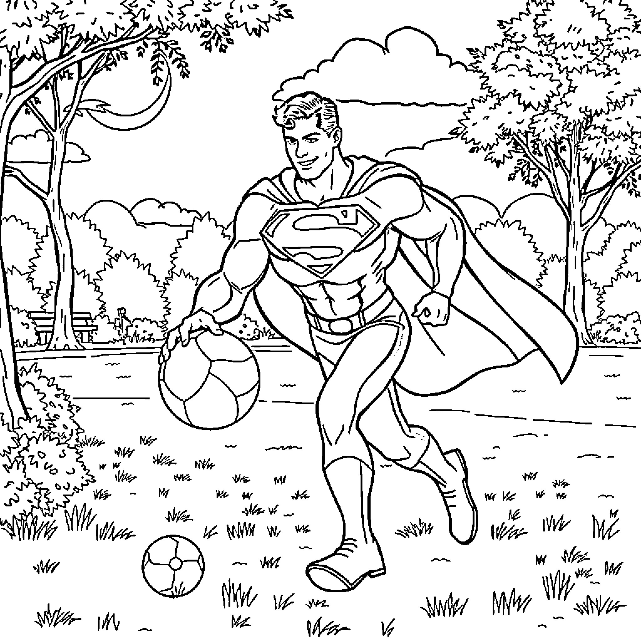 Superman enjoying outdoor adventure Coloring Page (free black-and-white line drawing printable PDF for all, from beginners to advanced learners, including children, teens, adults, and seniors)