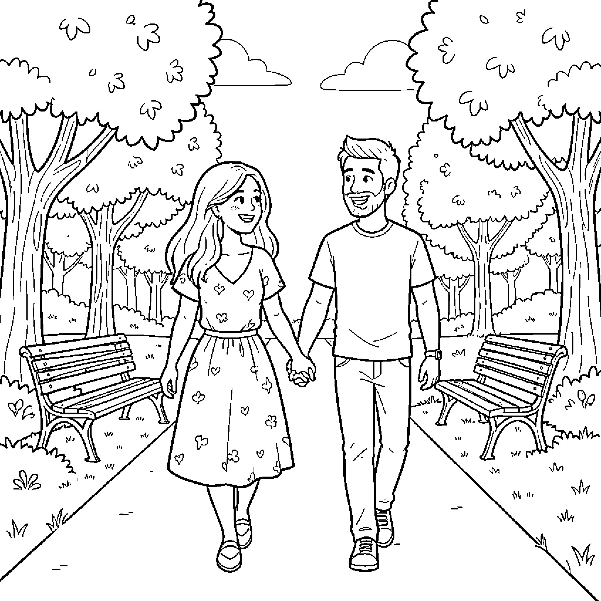 Couple strolling happily in a park Coloring Page (free black-and-white line drawing printable PDF for all, from beginners to advanced learners, including children, teens, adults, and seniors)