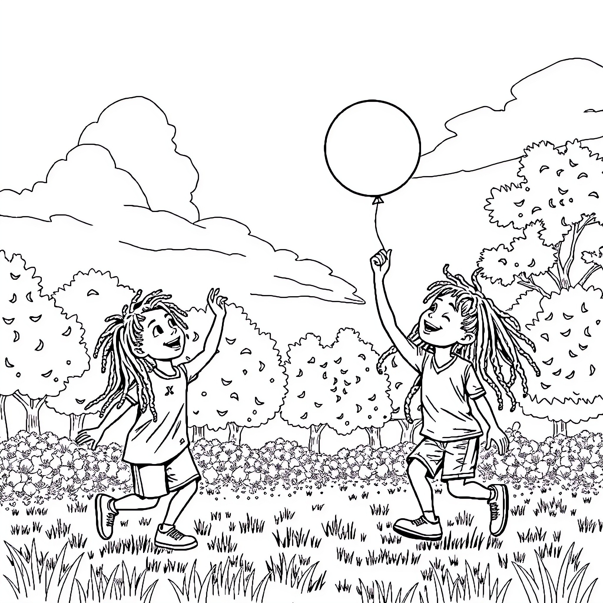 Enfant playing joyfully with balloon in nature Coloring Page (free black-and-white line drawing printable PDF for all, from beginners to advanced learners, including children, teens, adults, and seniors)