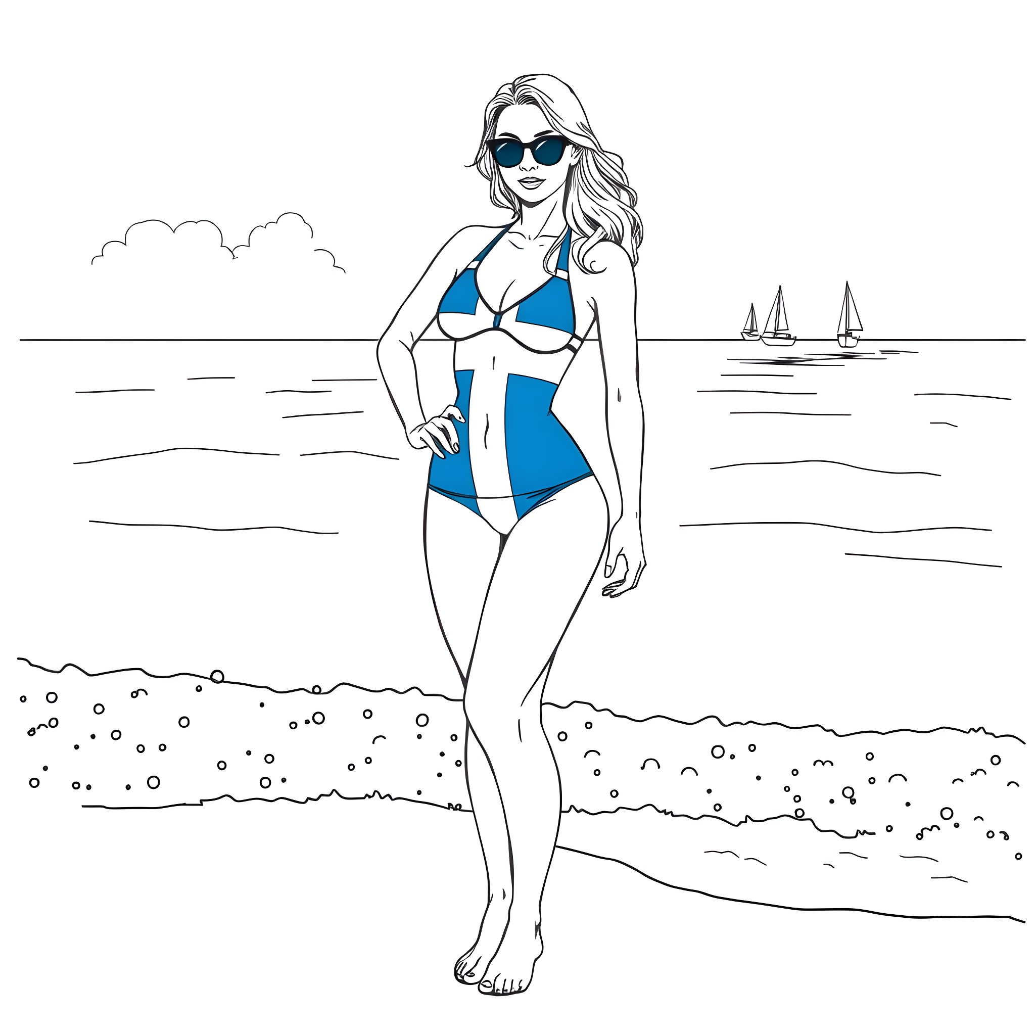 Woman in stylish swimsuit enjoying a sunny day by the beach Coloring Page (free black-and-white line drawing printable PDF for all, from beginners to advanced learners, including children, teens, adults, and seniors)
